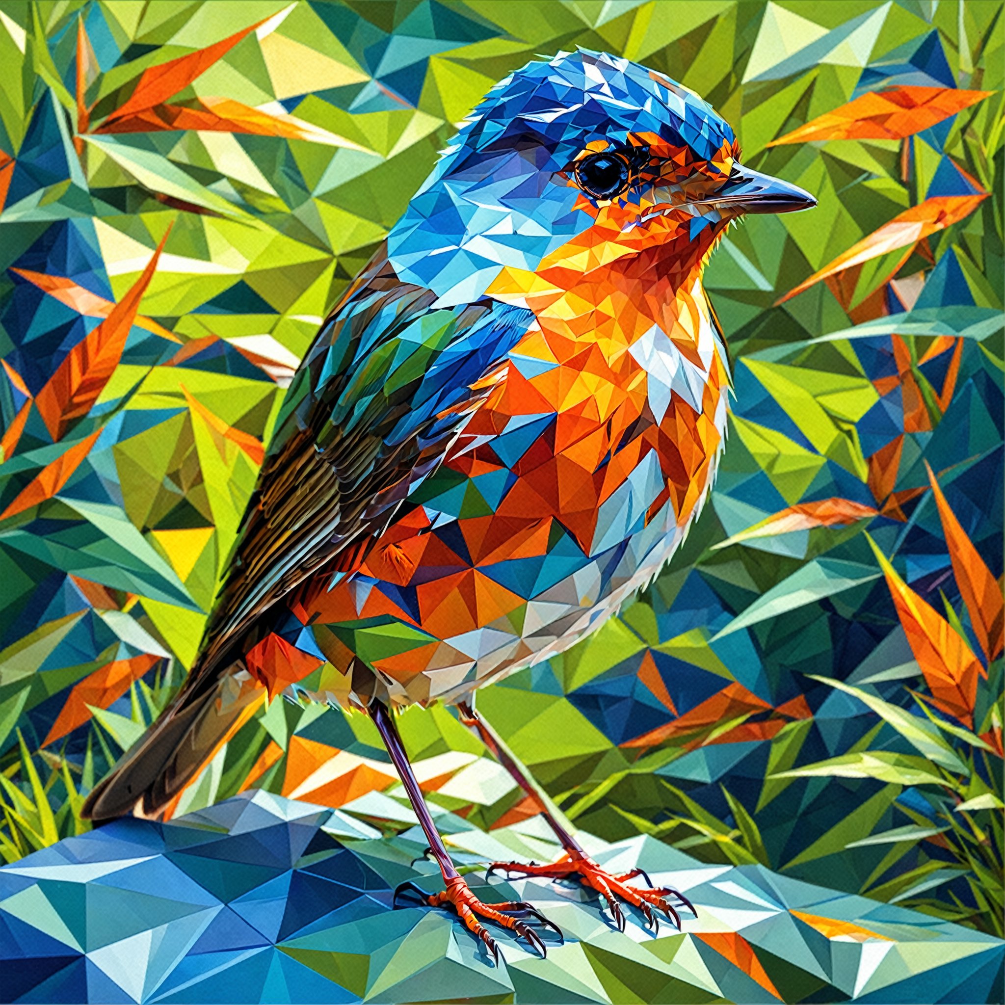 A vibrant and colorful bird, possibly a robin, rendered in a geometric, low-poly art style. The bird is predominantly blue with a bright orange chest and a sharp, focused gaze. It stands amidst a backdrop of green, suggesting foliage or grass. The bird's feet are orange, and it appears to be perched on a surface, possibly a branch or rock. The entire composition is a blend of sharp triangles, creating a modern and abstract representation of the bird.