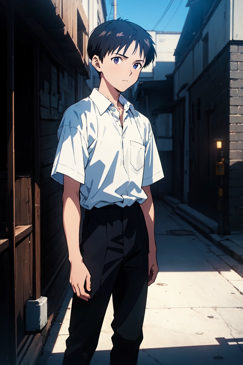 1boy,male, standing, (masterpiece, best quality), top quality, top resolution, sharp image, perfect details, perfect lighting, perfect shadows, perfect lighting, glowing skin,outside,Shinji Ikari