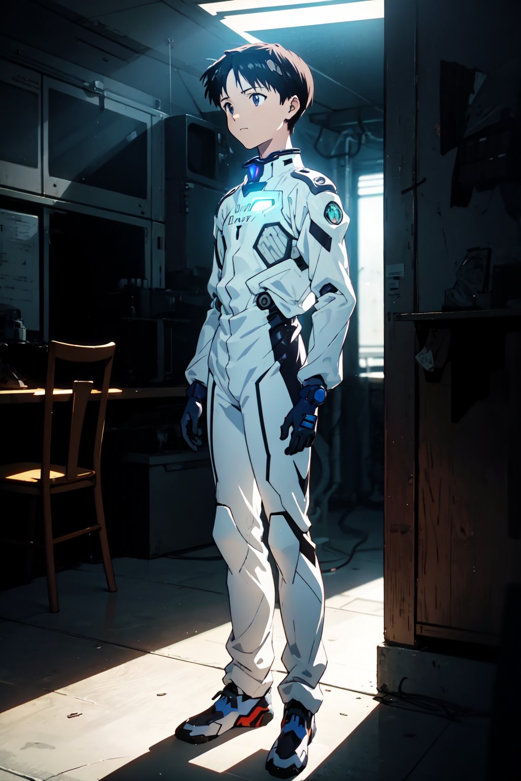 1boy,male, standing, (masterpiece, best quality), top quality, top resolution, sharp image, perfect details, perfect lighting, perfect shadows, perfect lighting, glowing skin,outside,Shinji Ikari,pilot suit

