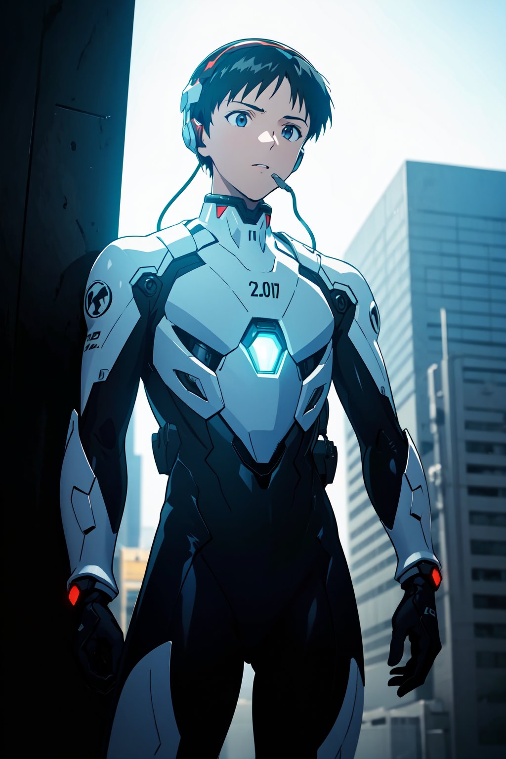 1boy,male, standing, (masterpiece, best quality), top quality, top resolution, sharp image, perfect details, perfect lighting, perfect shadows, perfect lighting, glowing skin,outside,Shinji Ikari,pilot suit,interface headset,pose

