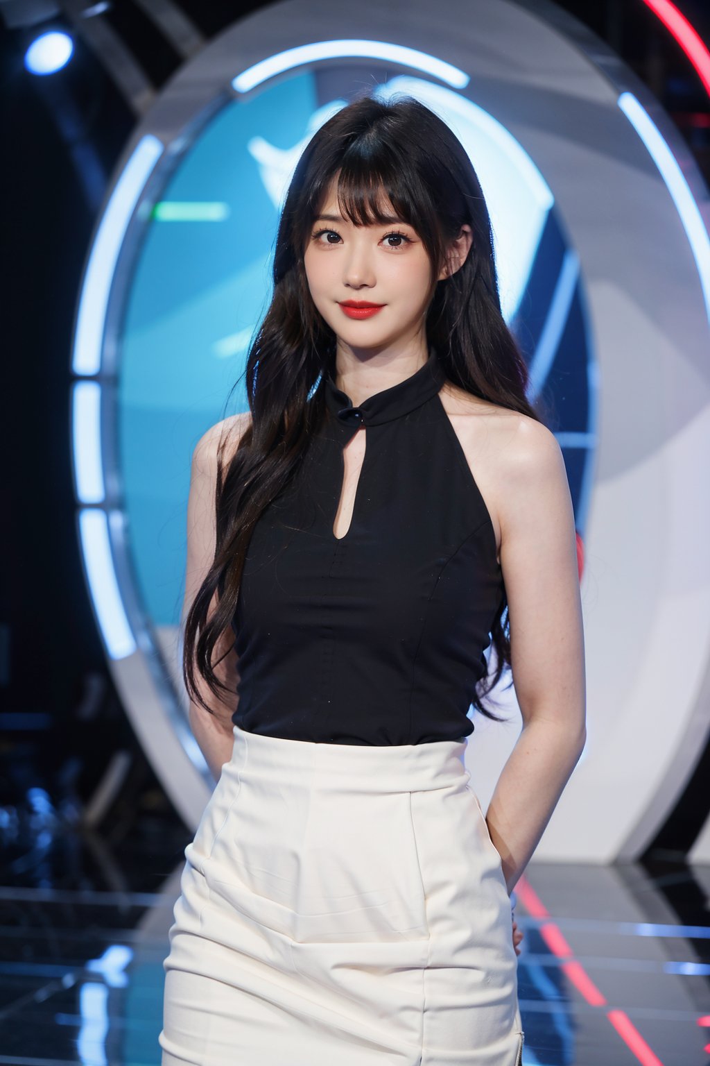 best quality,masterpiece,ultra high res,looking at viewer,simple background, 1girl, solo, looking at viewer, black hair,realistic,(standing),slim,(smile)(,hands behind back),