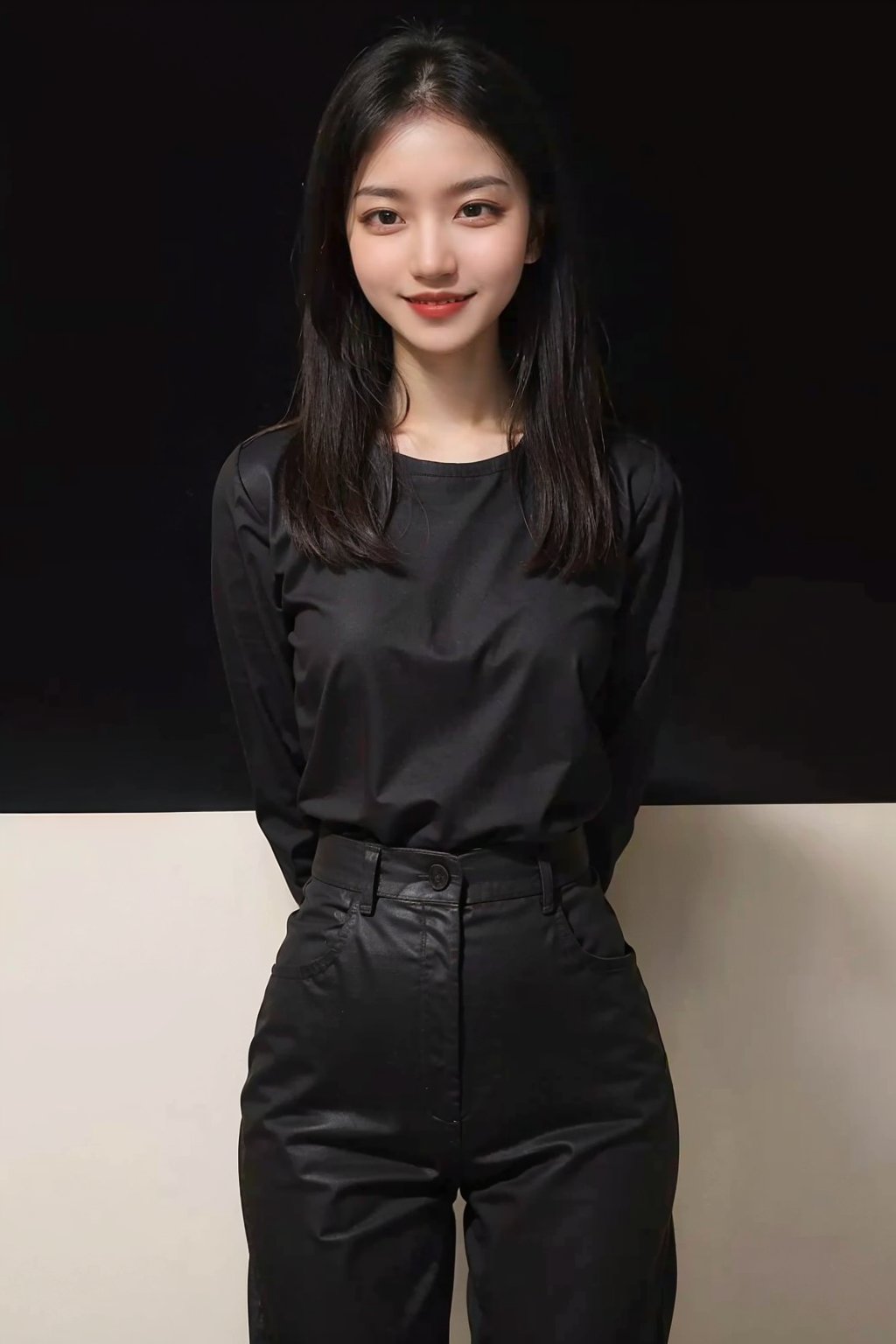 best quality,masterpiece,ultra high res,looking at viewer,simple background, 1girl, solo, looking at viewer, black hair,realistic,(standing),slim,(smile)(,hands behind back),