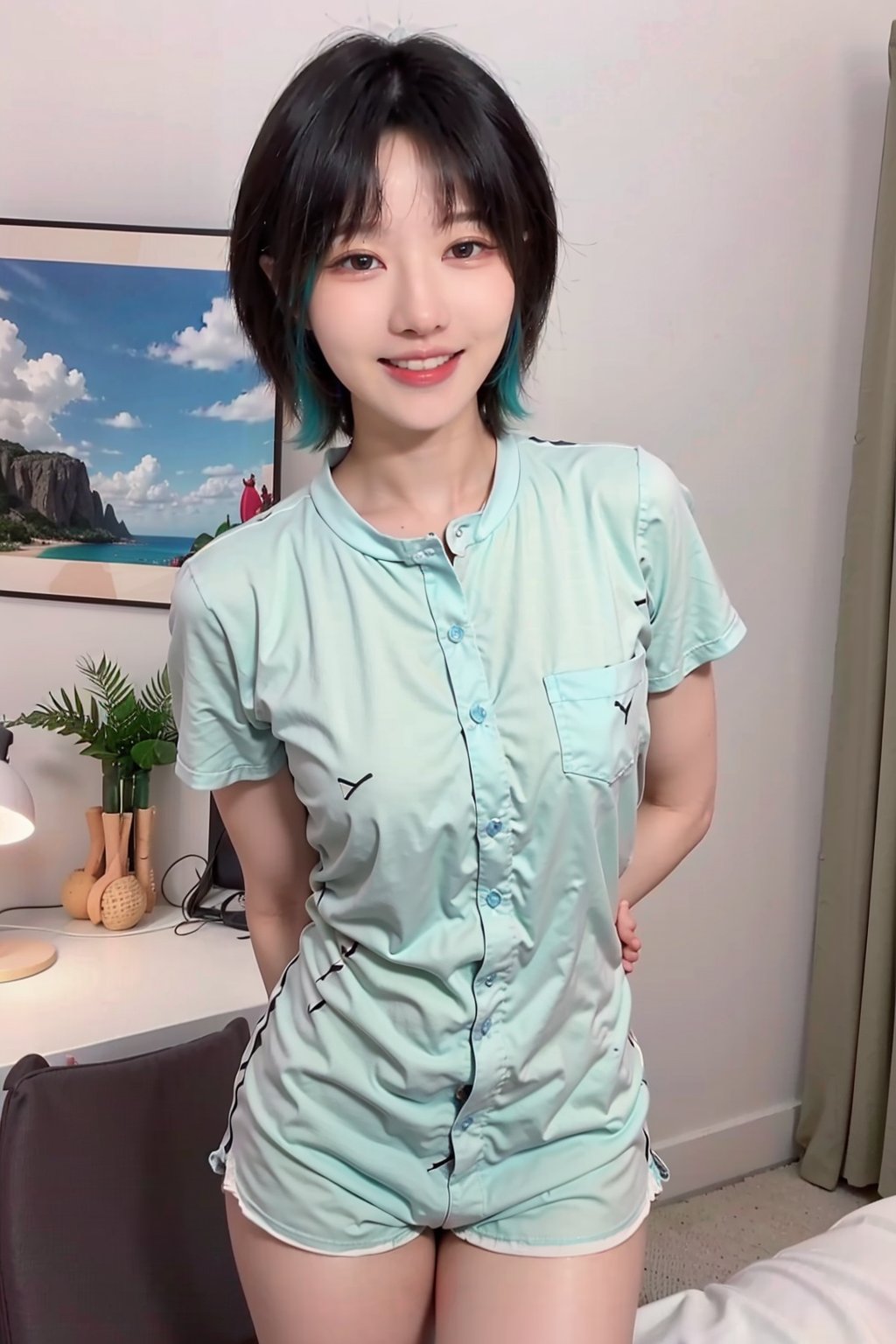 best quality,masterpiece,ultra high res,looking at viewer,simple background, 1girl, solo, looking at viewer, black hair,realistic,(standing),slim,(smile)(,hands behind back),