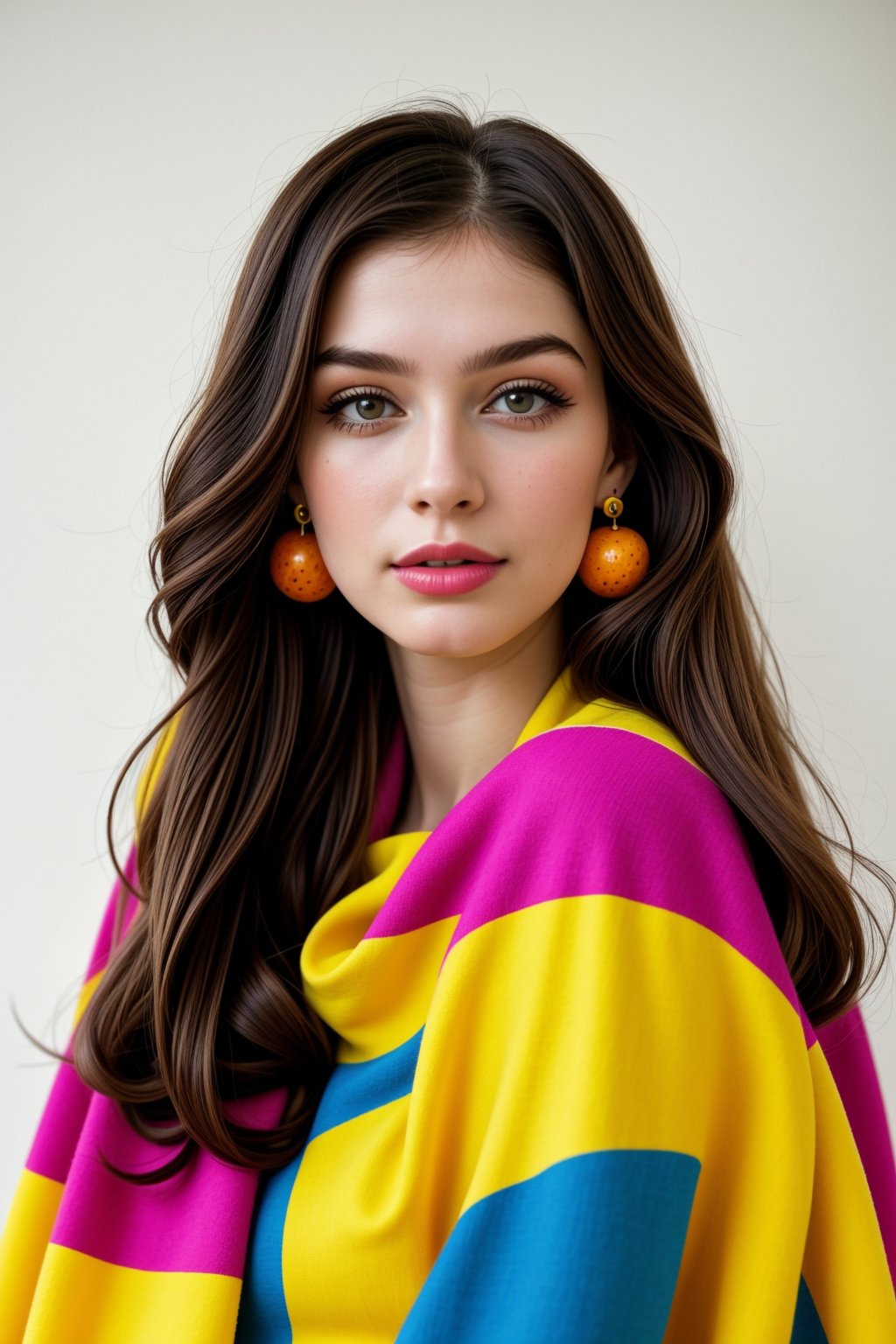A pale young woman with long colorful hair and colorful make up, a colorful striped scarf, and playful fruit earrings, looking directly at the camera, a portrait in the style of a 1960s fashion magazine, with bright colors, sharp focus, and a soft, natural light.,<lora:659111690174031528:1.0>