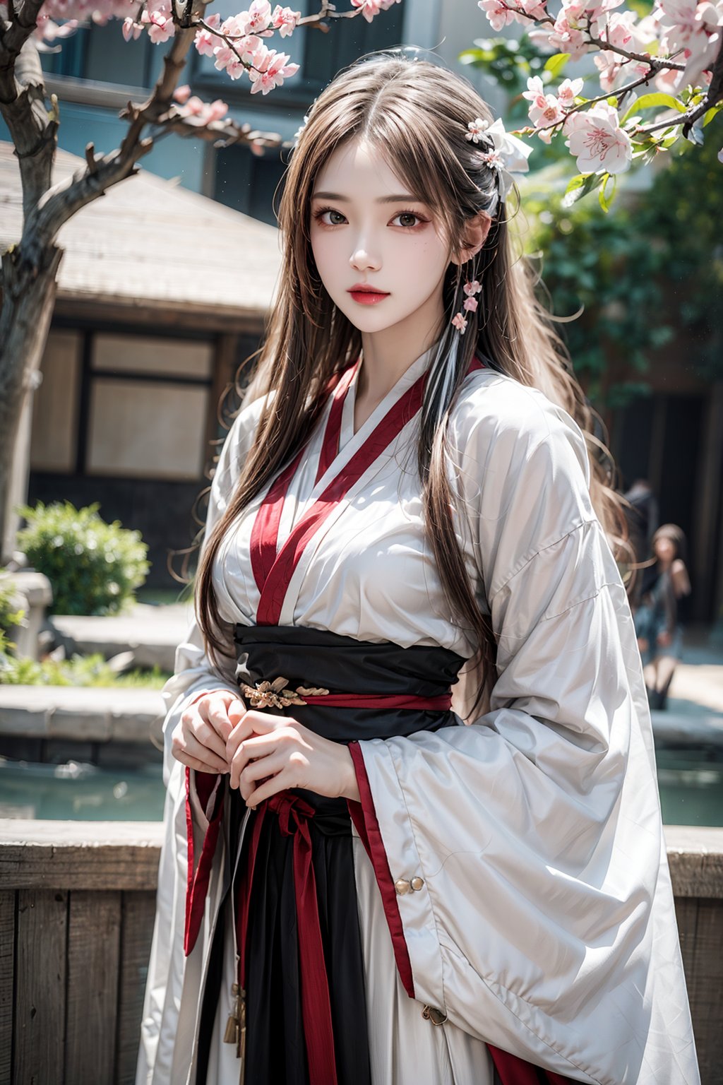 female,masterpiece, realistic, best quality, ultra detailed, waist up, long white hair, fashionable accessories, hanfu, cherry_blossom