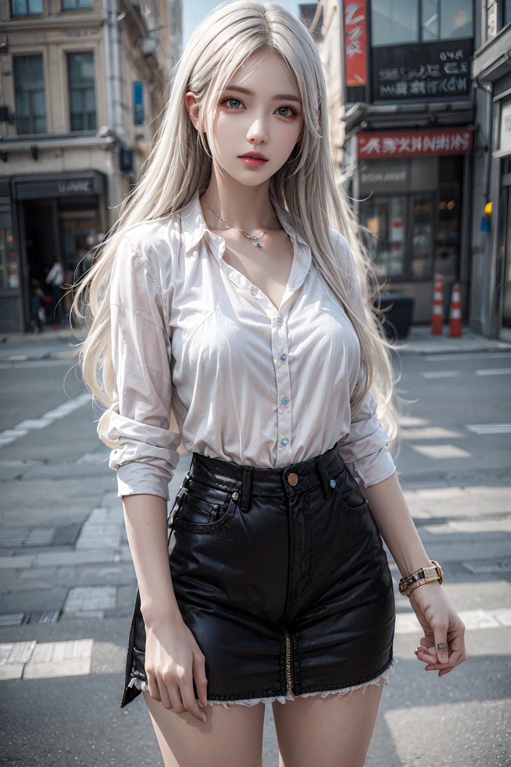 female,masterpiece, realistic, best quality, ultra detailed, cowboy_shot, long white hair, fashionable accessories, street wear