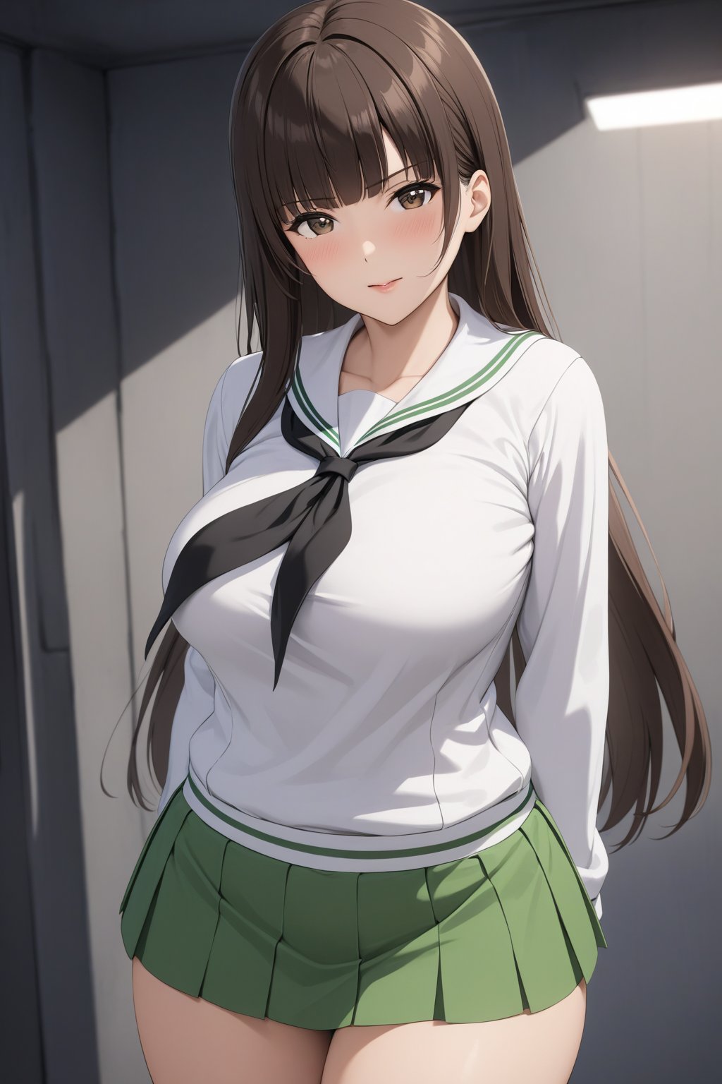 military base , 
( masterpiece , ultra Detailed     )  ,
nishizumi shiho, 1girl, mature female, blunt bangs, long hair, brown hair, straight hair, brown eyes , 
ooarai school uniform, black neckerchief, white shirt, long sleeves, green skirt, miniskirt