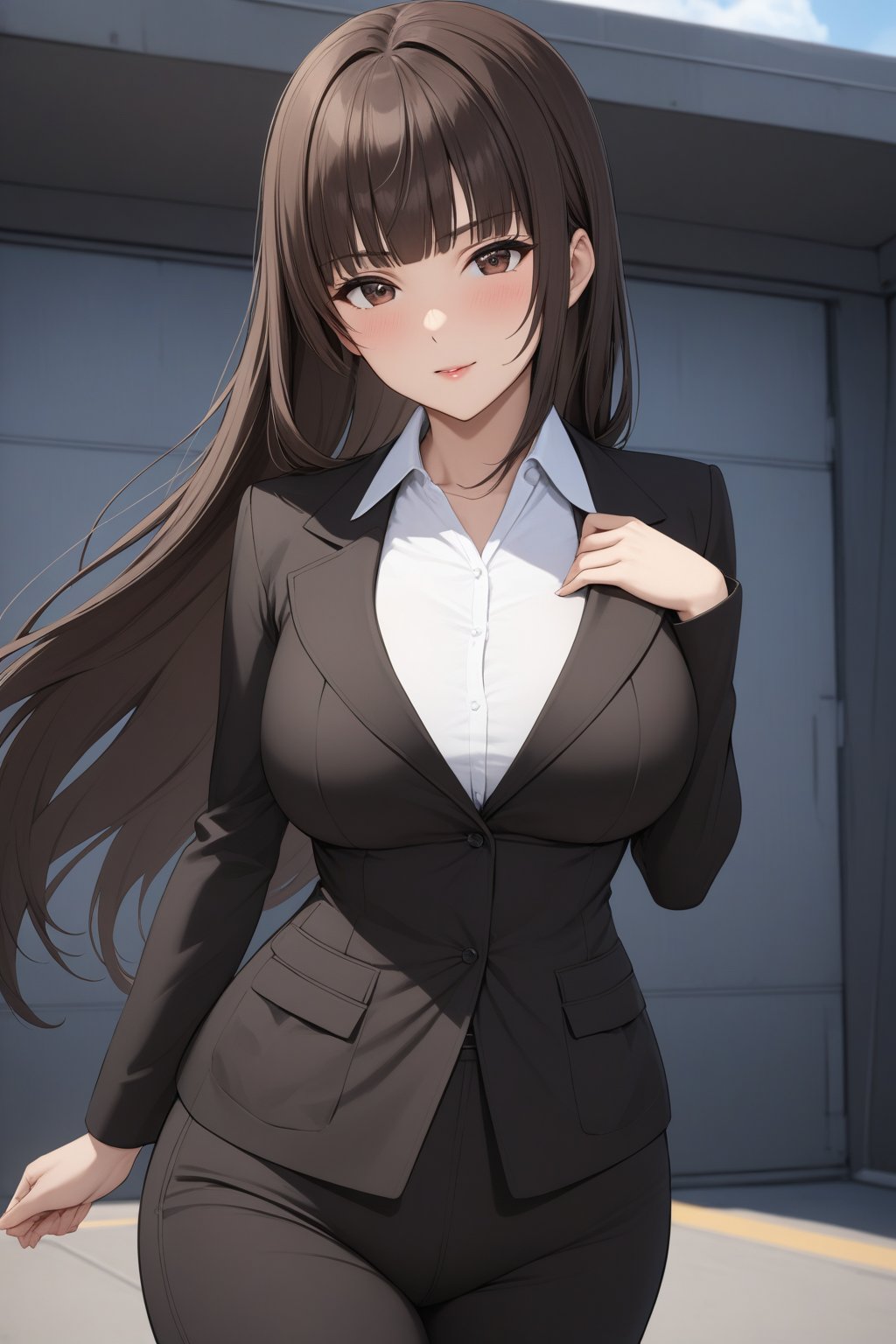 military base , 
( masterpiece , ultra Detailed     )  ,
nishizumi shiho, 1girl, mature female, blunt bangs, long hair, brown hair, straight hair, brown eyes , 
black jacket, pant suit, formal, long sleeves, wing collar, white shirt, black pants