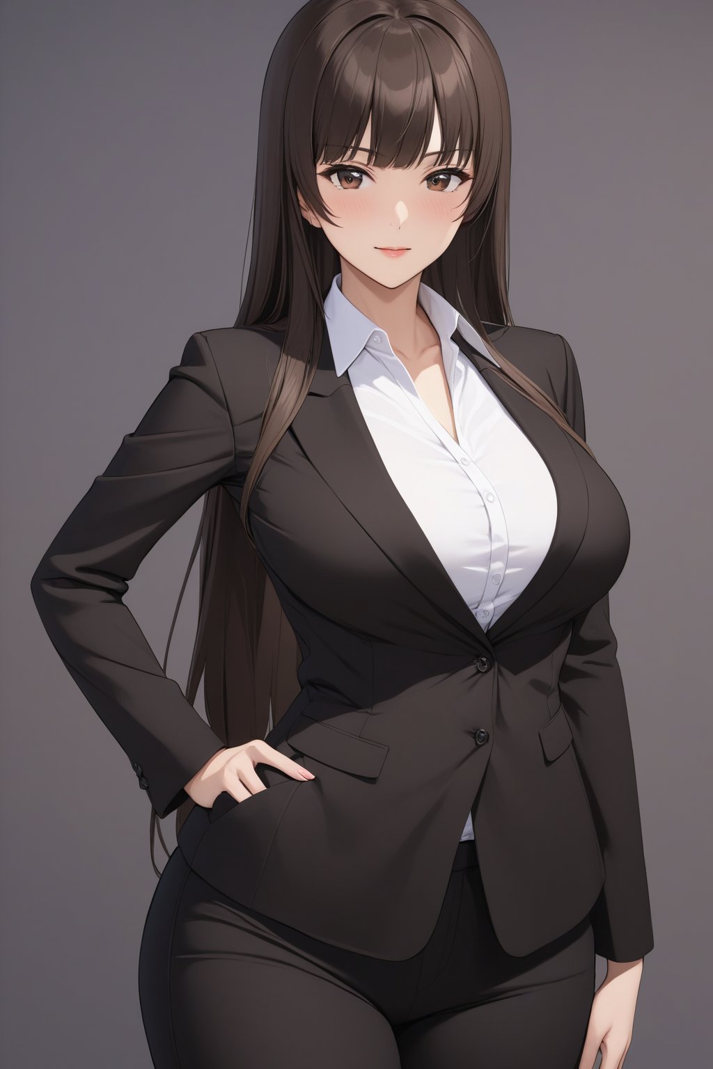 ( masterpiece , ultra Detailed     )  ,
nishizumi shiho, 1girl, mature female, blunt bangs, long hair, brown hair, straight hair, brown eyes , 
black jacket, pant suit, formal, long sleeves, wing collar, white shirt, black pants