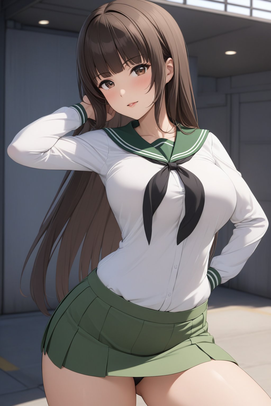 military base , 
( masterpiece , ultra Detailed     )  ,
nishizumi shiho, 1girl, mature female, blunt bangs, long hair, brown hair, straight hair, brown eyes , 
ooarai school uniform, black neckerchief, white shirt, long sleeves, green skirt, miniskirt