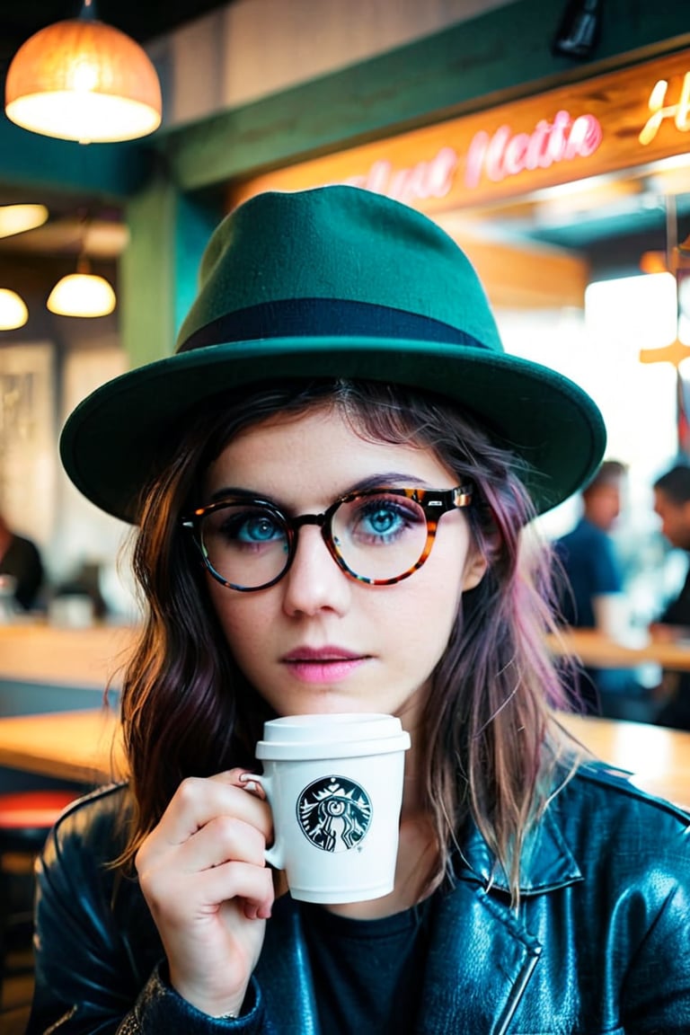 ((masterpiece, best quality)), absurdres, (Photorealistic 1.2), sharp focus, highly detailed, top quality, Ultra-High Resolution, HDR, 8K, epiC35mm, film grain, moody photography, (color saturation:-0.4), lifestyle photography, bryo-xl, bryo,

a photo of a hipster girl in the style of franck-bohbot, , 21 years old, glasses, hat, having coffee in a hipster coffee shop,hipster girl,alex4d4dd