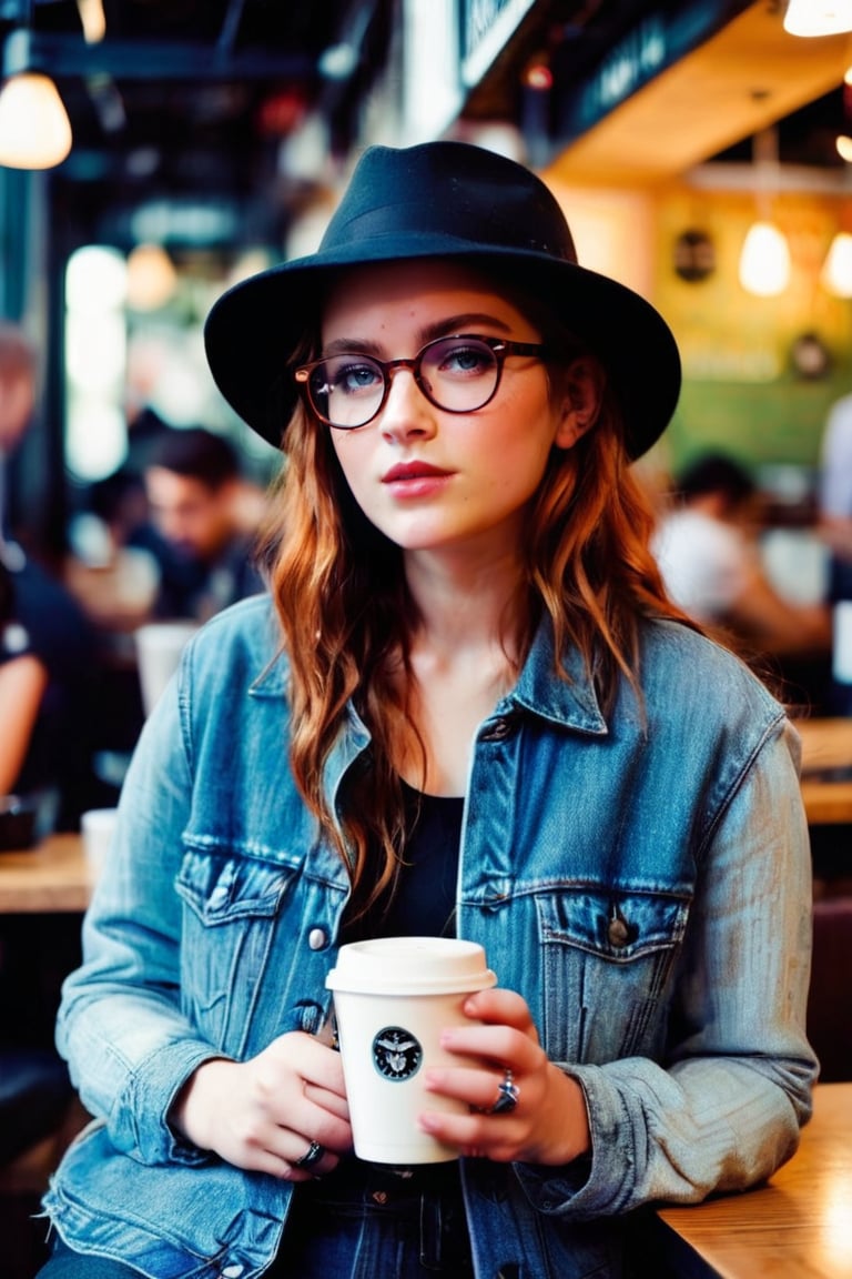 ((masterpiece, best quality)), absurdres, (Photorealistic 1.2), sharp focus, highly detailed, top quality, Ultra-High Resolution, HDR, 8K, epiC35mm, film grain, moody photography, (color saturation:-0.4), lifestyle photography, bryo-xl, bryo,

a photo of a hipster girl in the style of franck-bohbot, , 21 years old, glasses, hat, having coffee in a hipster coffee shop,hipster girl,saxsnk