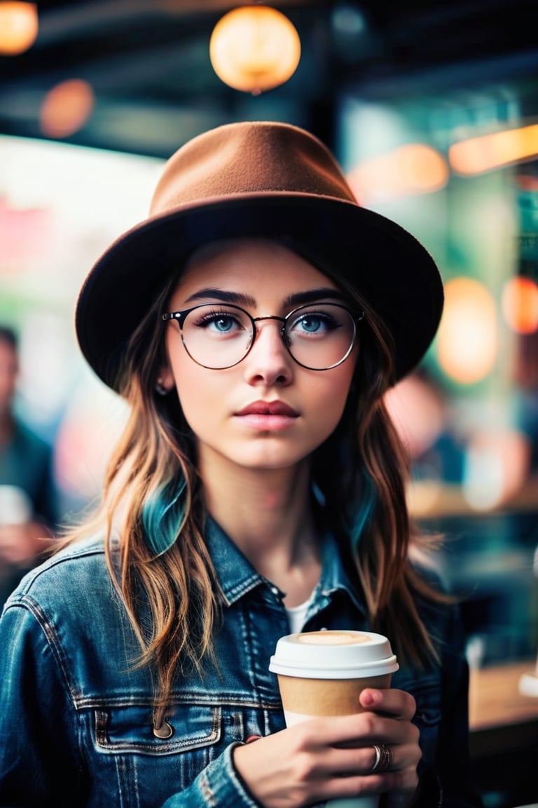 ((masterpiece, best quality)), absurdres, (Photorealistic 1.2), sharp focus, highly detailed, top quality, Ultra-High Resolution, HDR, 8K, epiC35mm, film grain, moody photography, (color saturation:-0.4), lifestyle photography, bryo-xl, bryo,

a photo of a hipster girl in the style of franck-bohbot, , 21 years old, glasses, hat, having coffee in a hipster coffee shop,hipster girl,alex4d4dd,lenixklum