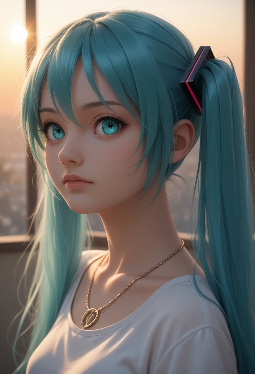 score_9, score_8_up, score_7_up, BREAK source_anime,
, miku, aqua hair, aqua eyes, twintails, long hair, very long hair, 1girl, solo, 
black eyeliner cat eye,
perfecteyes, solo, necklace,  looking to the side, photo, detailed, sharp focus, innocent, cute, pleasant, dimly lit room nighttime, sunset, god rays, side view, focused eyes
amazing background, 