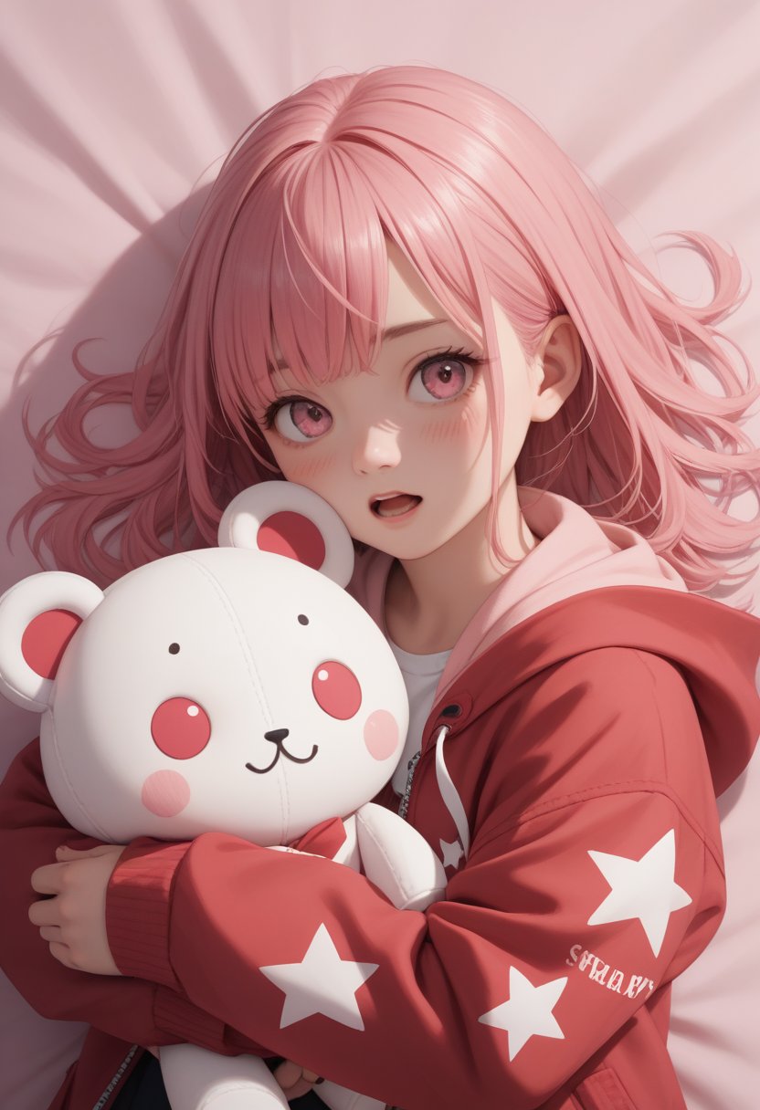 score_9, score_8_up, score_7_up, score_6_up, , score_5_up, , score_4_up, 
BREAK , 

masterpiece, best quality, 1girl, solo, looking at viewer, blush, open mouth, bangs, long sleeves, jacket, pink hair, hood, pink eyes, star \(symbol\), :o, sleeves past wrists, hooded jacket, red jacket, hood up, star print. upper body, pov, pink room, hugging doll, from above