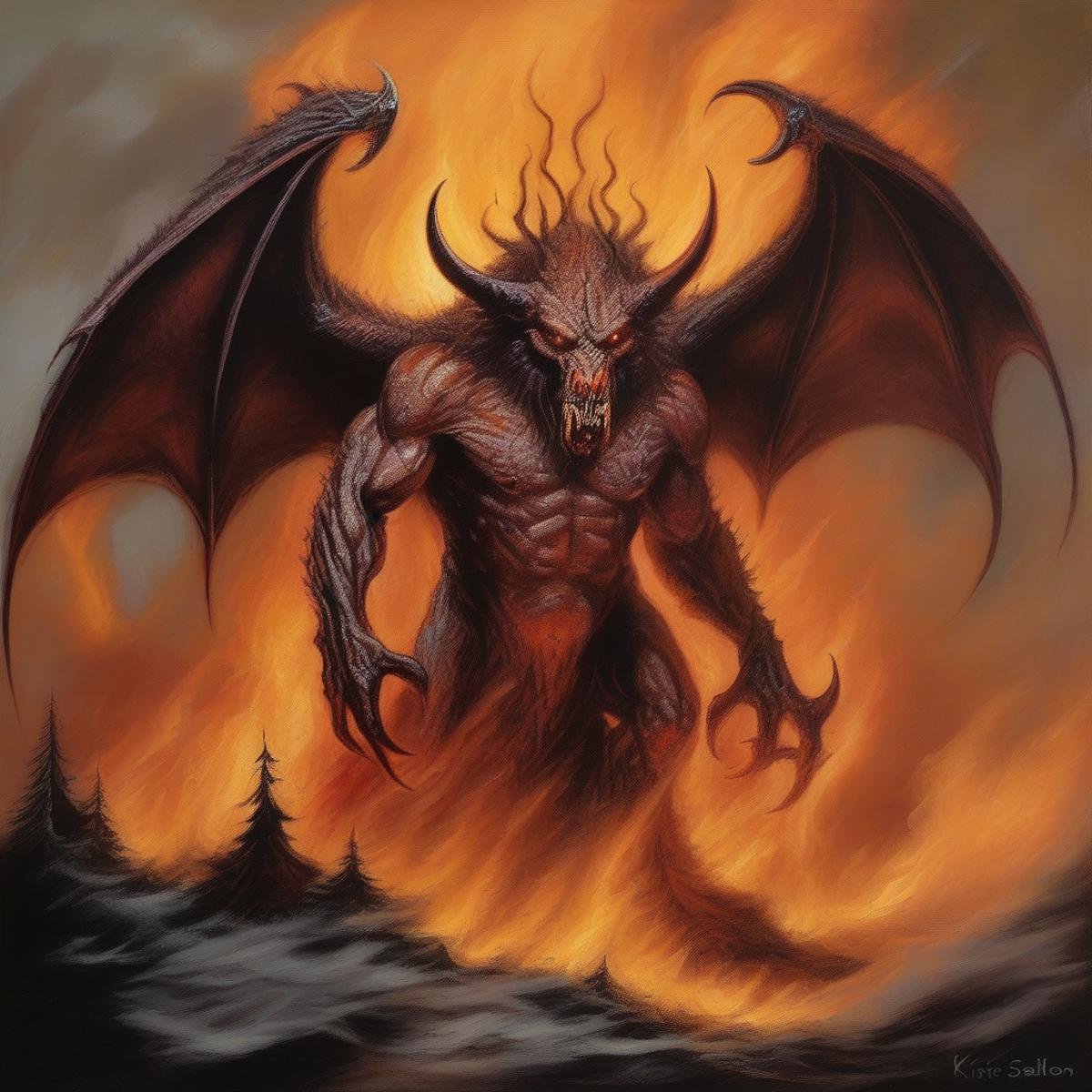 BAStyle, highest quality, highly detailed, a demonic creature, casting fire magic, complex artwork, (modern art by Kirsi Salonen)