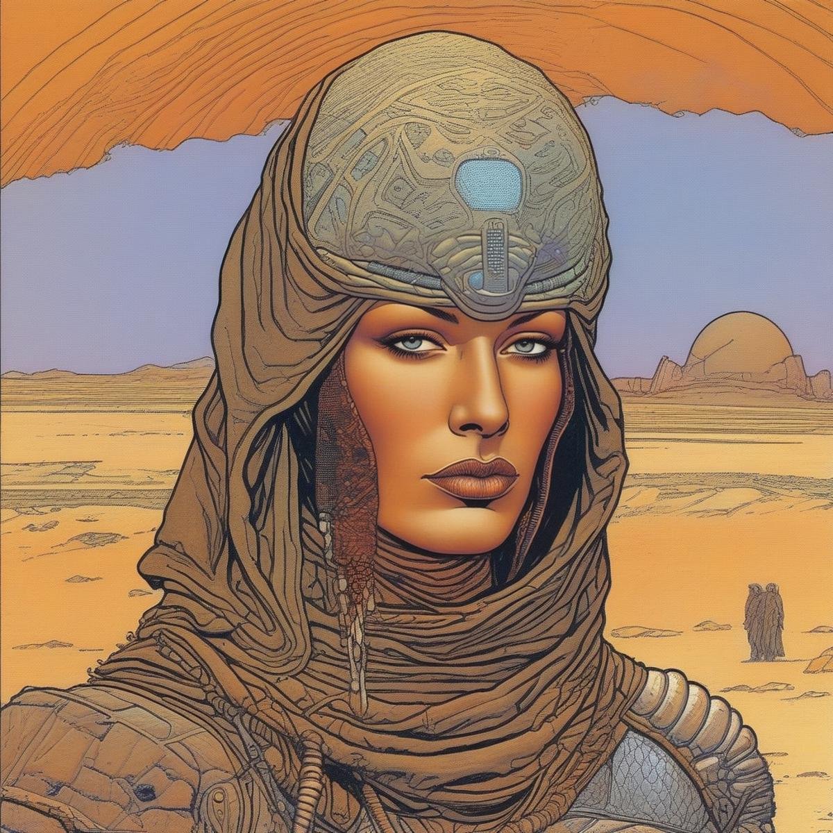 BAStyle, highest quality, a sci-fi illustration of a woman, pretty face, Shemagh head scarf, wearing post apocalyptic armor, desert, highly detailed, sexy, Dune artwork, by Moebius