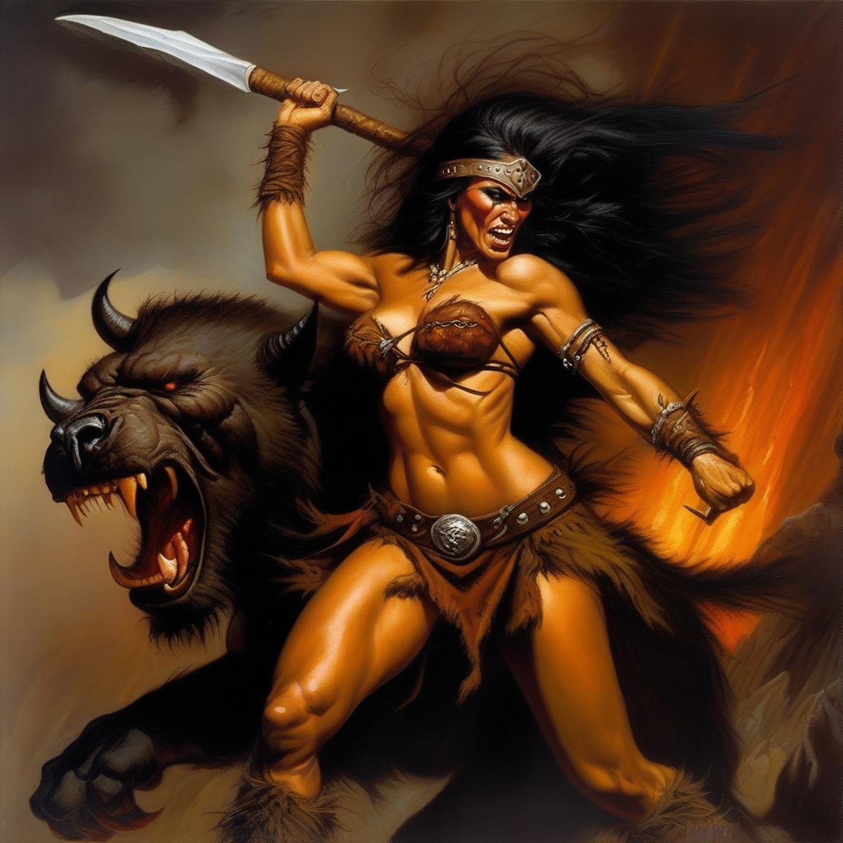 BAStyle, highest quality, a highly detailed fantasy painting of an barbarian woman fighting a demon, holding a club, dark hair, pretty face, wearing skimpy tribal clothing, RPG artwork, by Ken Kelly