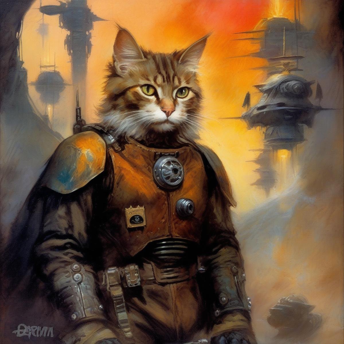 BAStyle, highest quality, a painting of a cute cat,  magic, [sci-fi artwork], bold colors, by Dave Dorman