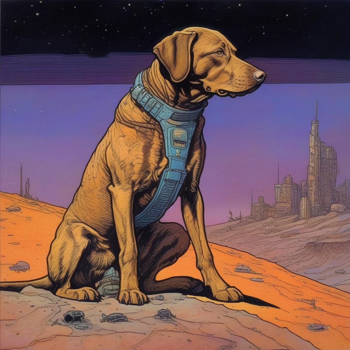 BAStyle, highest quality, a painting of a cute dog,  post apocalyptic, [sci-fi artwork], complex, by Moebius