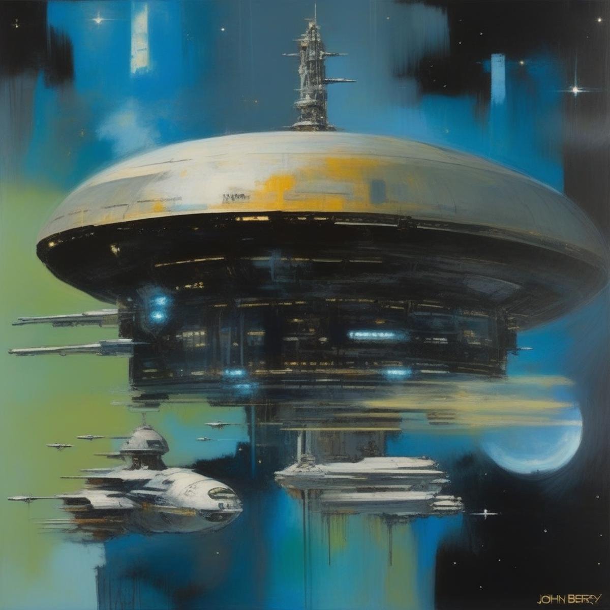 BAStyle, highest quality, a highly detailed painting of a large high-tech space ship, complex, sci-fi artwork, by John Berkey