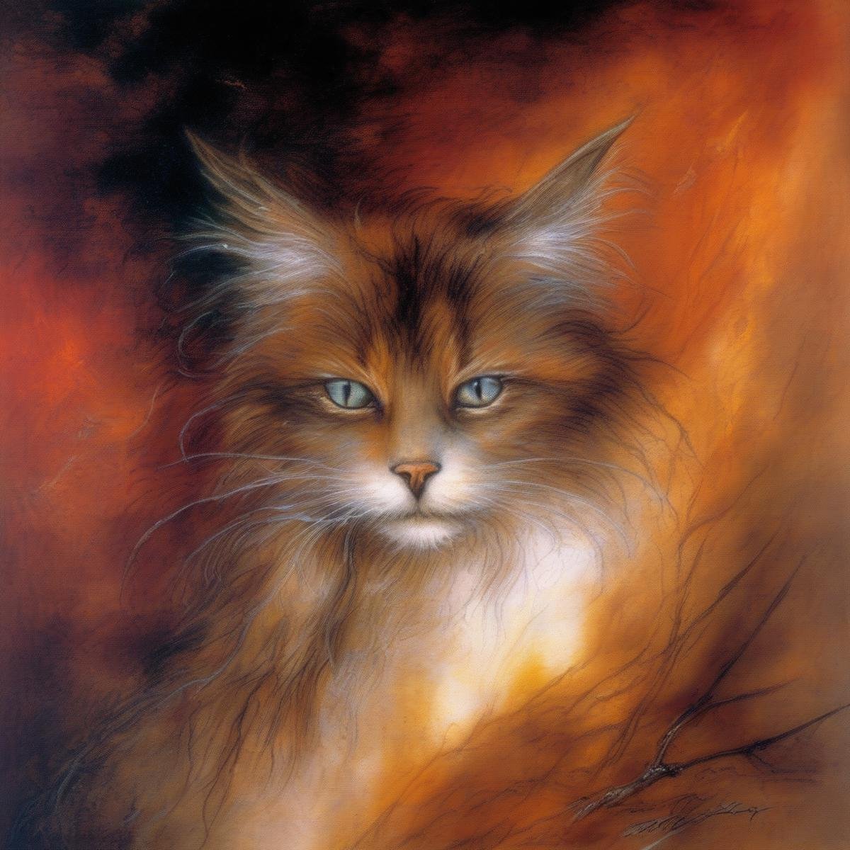 BAStyle, highest quality, a painting of a cute cat,  magic, [fantasy artwork], bold colors, by Luis Royo