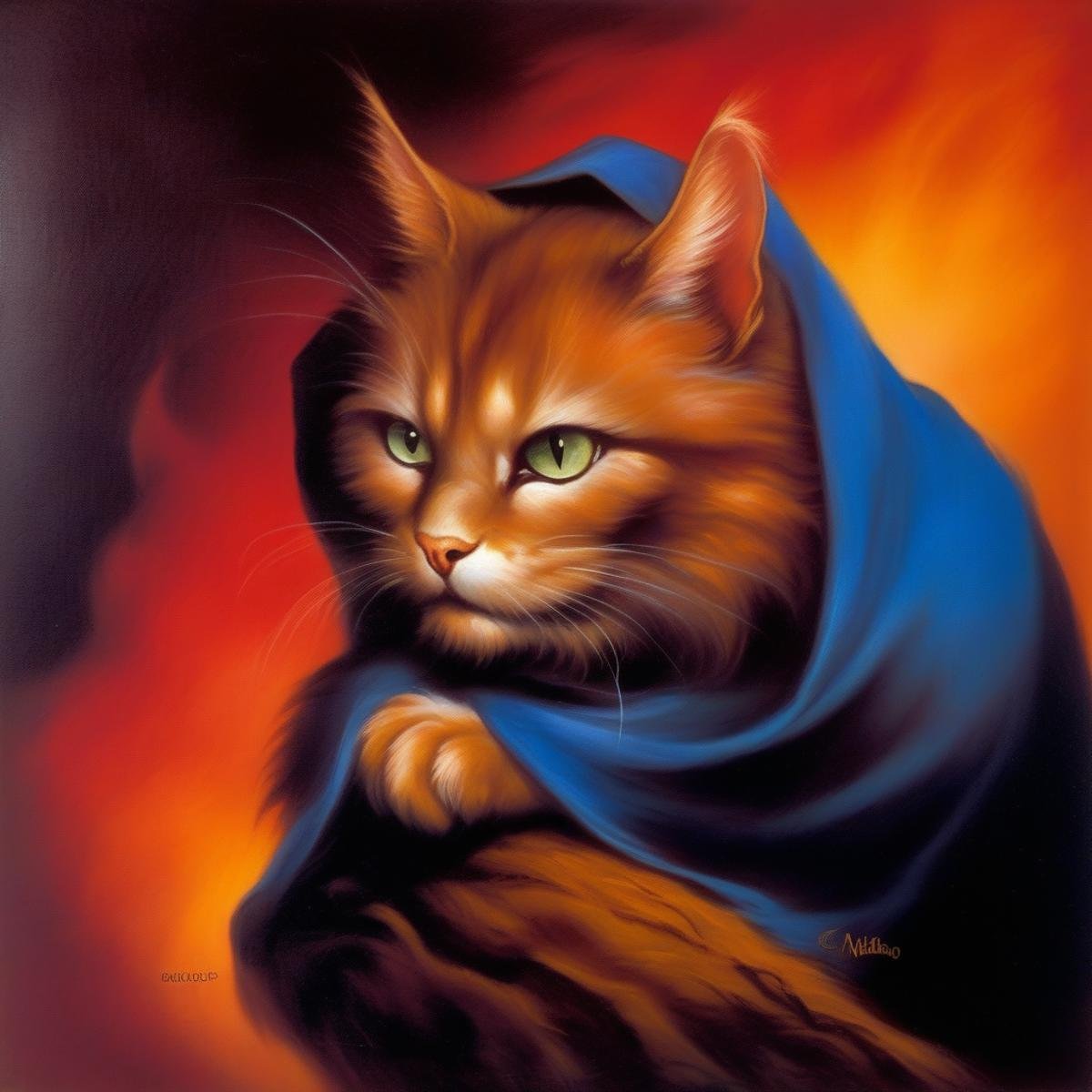 BAStyle, highest quality, a painting of a cute cat,  magic, [fantasy artwork], bold colors, by Boris Vallejo