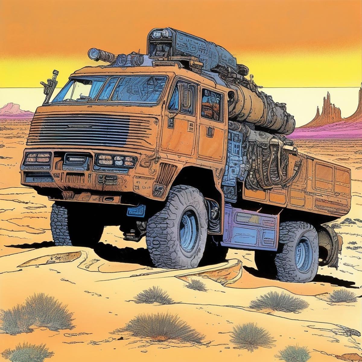 BAStyle, highest quality, a sci-fi illustration of a post apocalyptic truck, desert, complex, Dune artwork, by Moebius