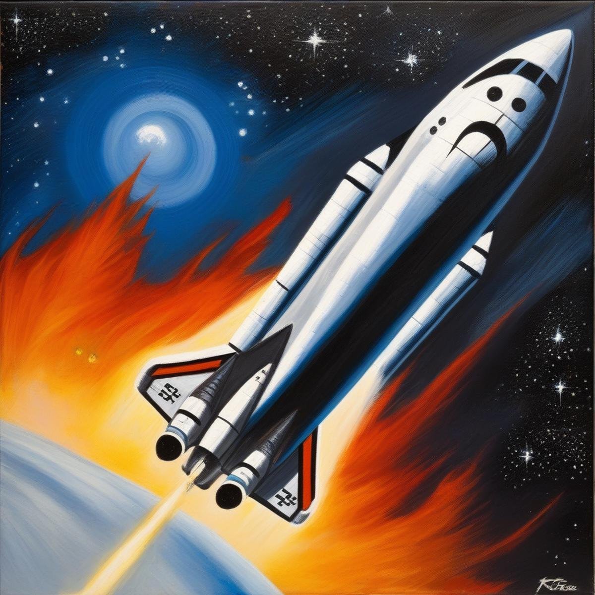 BAStyle, highest quality, a painting of a space shuttle, oil on canvas, RPG artwork, by Kelly Freas