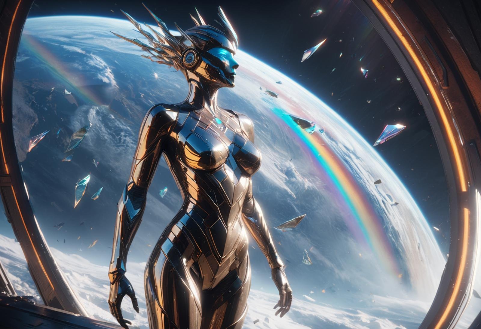 a photo of 8k ultra realistic corrupted rainbow transparent glass humanoid queen standing next to a spaceship window overlooking earth, swarm of transparent glass shards, cinematic lighting, trending on artstation, 4k, hyperrealistic, focused, extreme details, unreal engine 5, cinematic, masterpiece