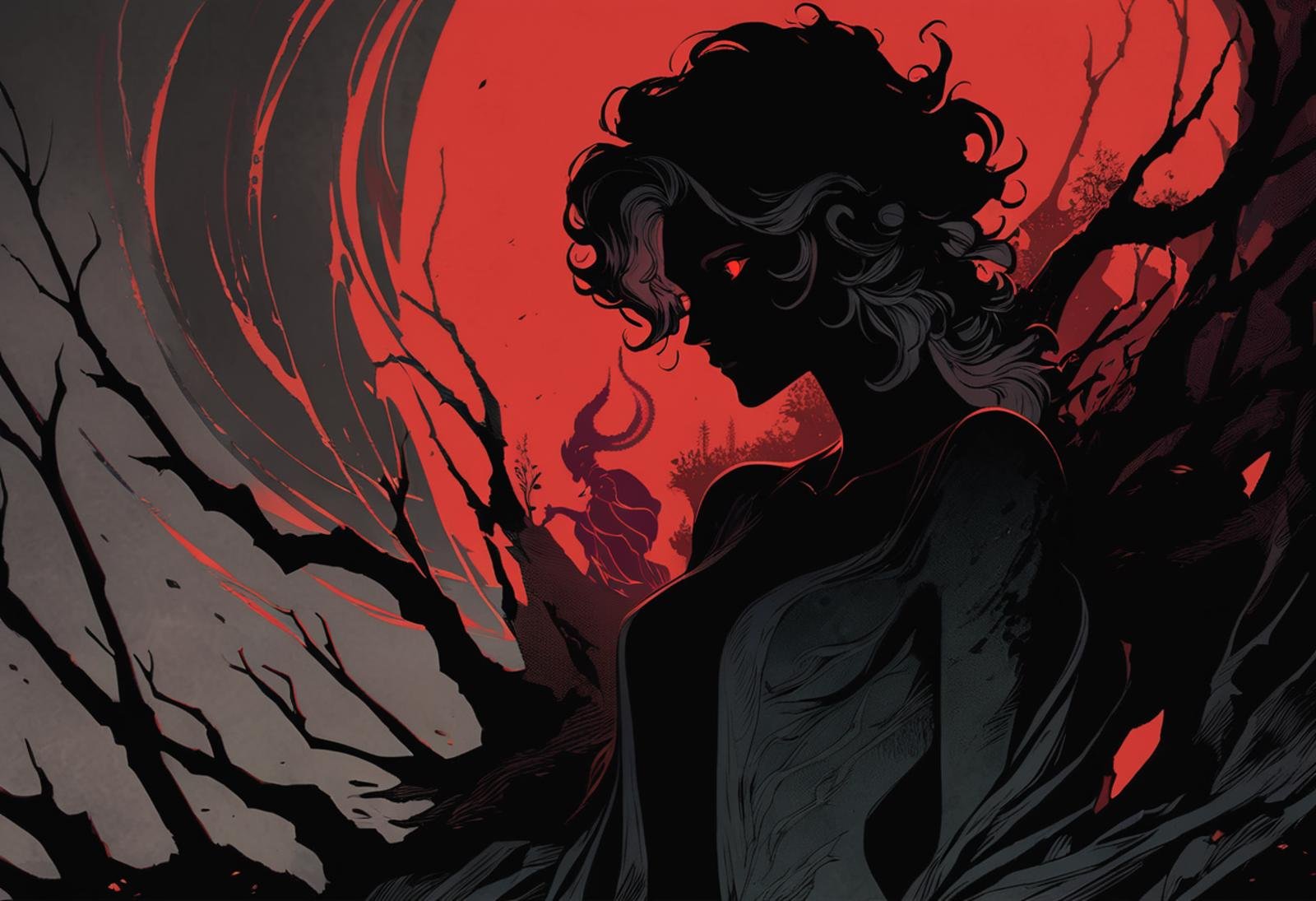 illustration, fantasy \(setting\), shadowy figure, silhouette, red eyes, non-corporeal entity, desolate background, dark colors, bold outlines, extremely detailed, otherworldly, limited color palette, [red|black], female, comic book \(style\), unique artstyle