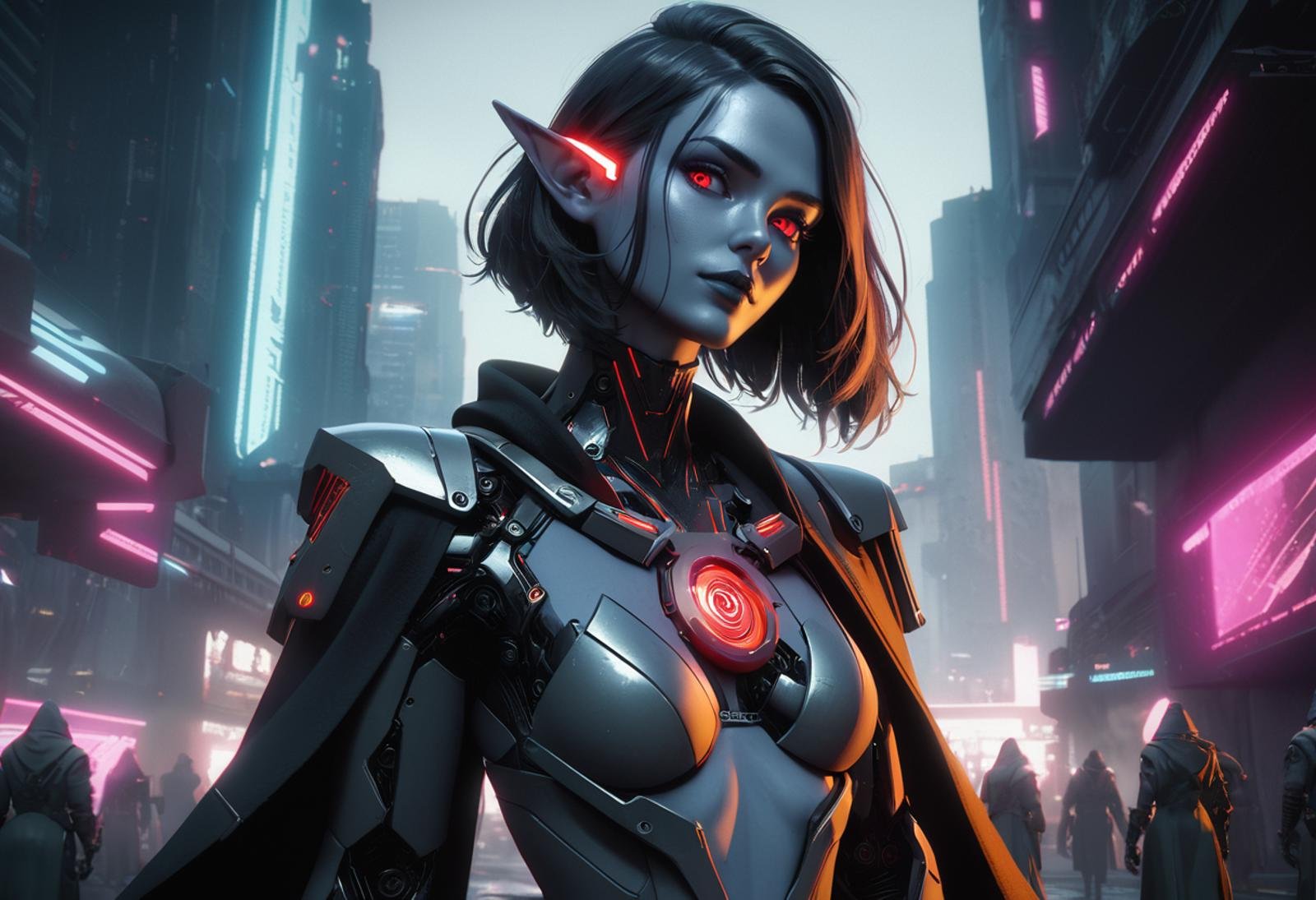 Unreal Engine 5 render, cinematic, Elfpunk \(style\), [cyborg|woman] Elf mage, mature female, grey skin, short military cut hair, mechanical arm, cybernetics, glowing red eyes, series expression, looking at viewer, futuristic mage robes, see through, flat chest, neuromancer, akira film still, ambient light, brutalism, cyberpunk cityscape background, cool color temperature, extremely detailed, dystopian, vignette, [soft focus], raytracing, detailed skin, by mamoru oshii, upper body