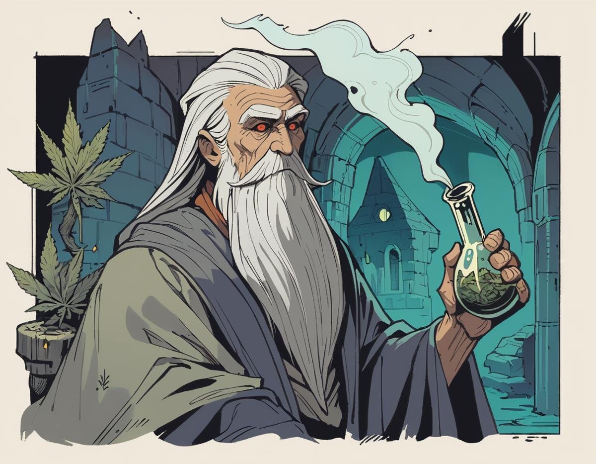 illustration, high fantasy \(setting\), old man, wizard, robes, long beard, (using bong), marijuana, inhale, bloodshot eyes, dungeon background, 90s RPG \(style\), muted colors, concept art, upper body, bold outlines