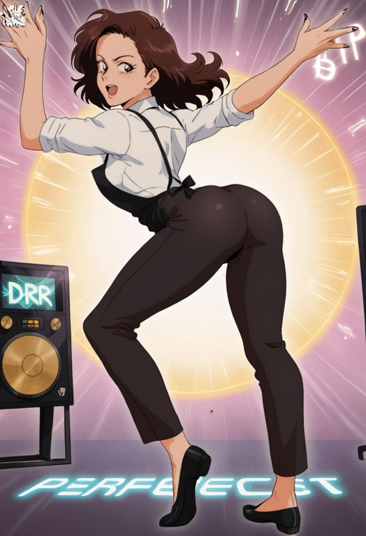 A Retro-style anime illustration of Kobeni Higashiyama from the anime Chainsaw Man is depicted in a dynamic pose, seemingly in the middle of a DDR dance routine. She is wearing a white dress shirt, black apron, and black pants, with black flats on her feet. Her hair is dark and short, and she has a small mole under her left eye. The background is a stylized DDR interface, with notes falling from the top of the screen and a "PERFECT!" graphic in the center.mature female, solo. <lora:Shaded-Retro-Anime:0.8>