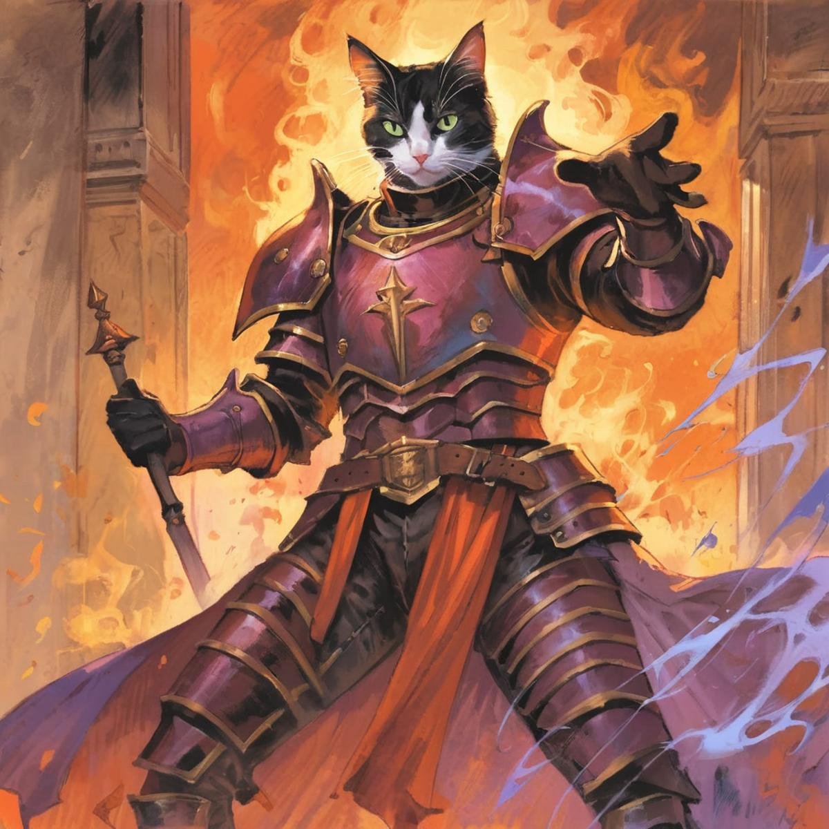 BAStyle, highest quality, a painting of a cat,  magic, armor, bold colors, by Dave Dorman