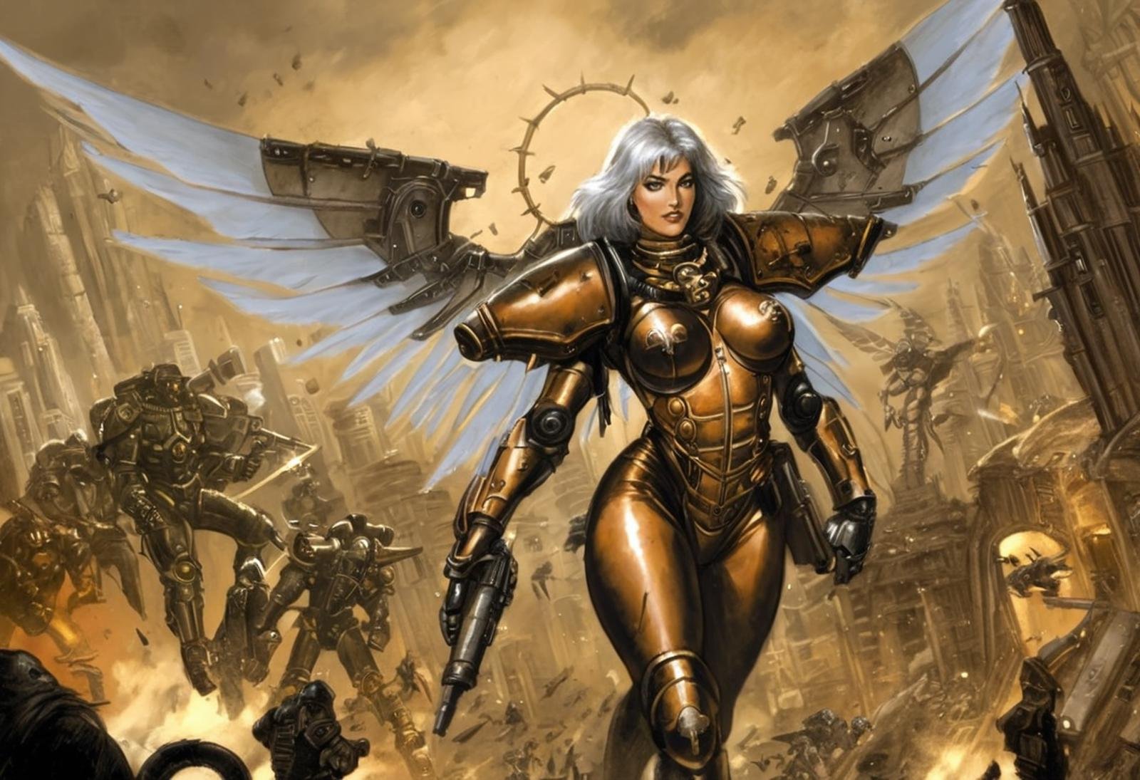 BAStyle, Sister of Battle, (Seraphim), solo, mechanical wings, dynamic composition, hive city background, grimdark, gothic buildings, debris, short hair, white and gold power armor, detailed facial features, portrait, by Luis Royo and Frank Frazetta,<lora:Sisters-of-Battle-subset:0.8>