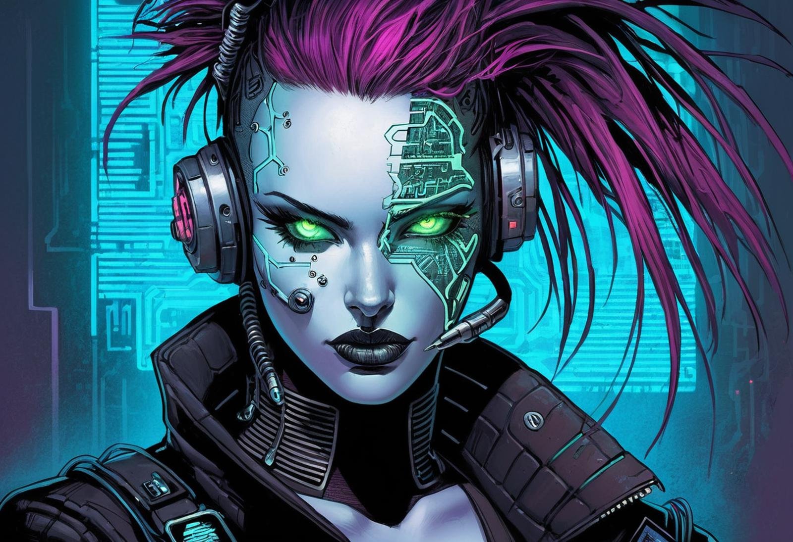 Neuromancer, cyberpunk, female hacker, mechanical eyes, glowing, cyberwear, punk, alternative hair, extremely detailed, mechanical face parts, portrait, by  Simon Bisley