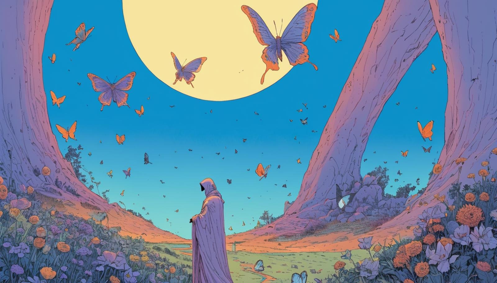 a wild world filled with light, flowers, butterflies, horror,by Moebius