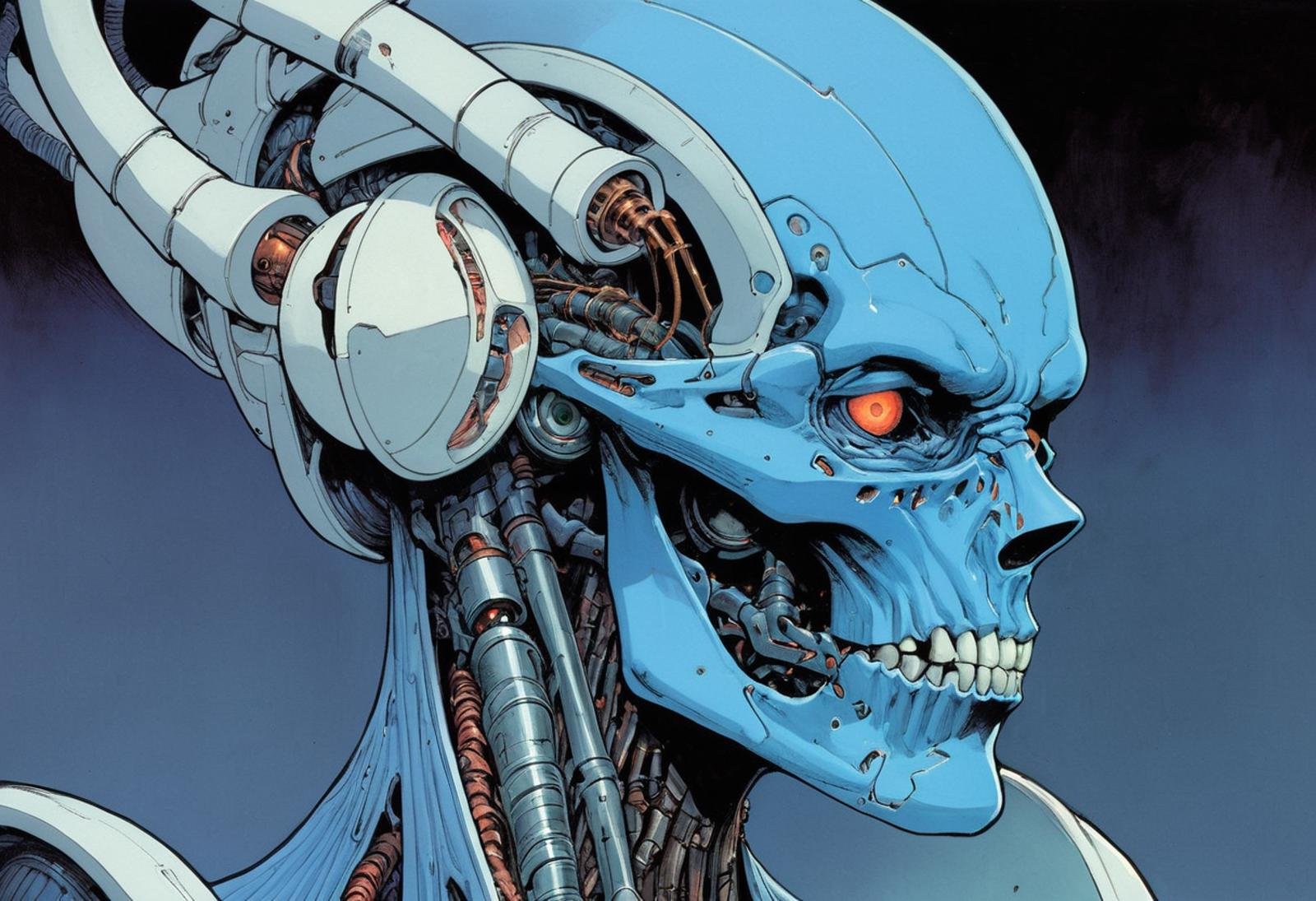 biomechanical enmity, female features, blue skin, biomechanical parts, evil, mechanical eyes, by Moebius