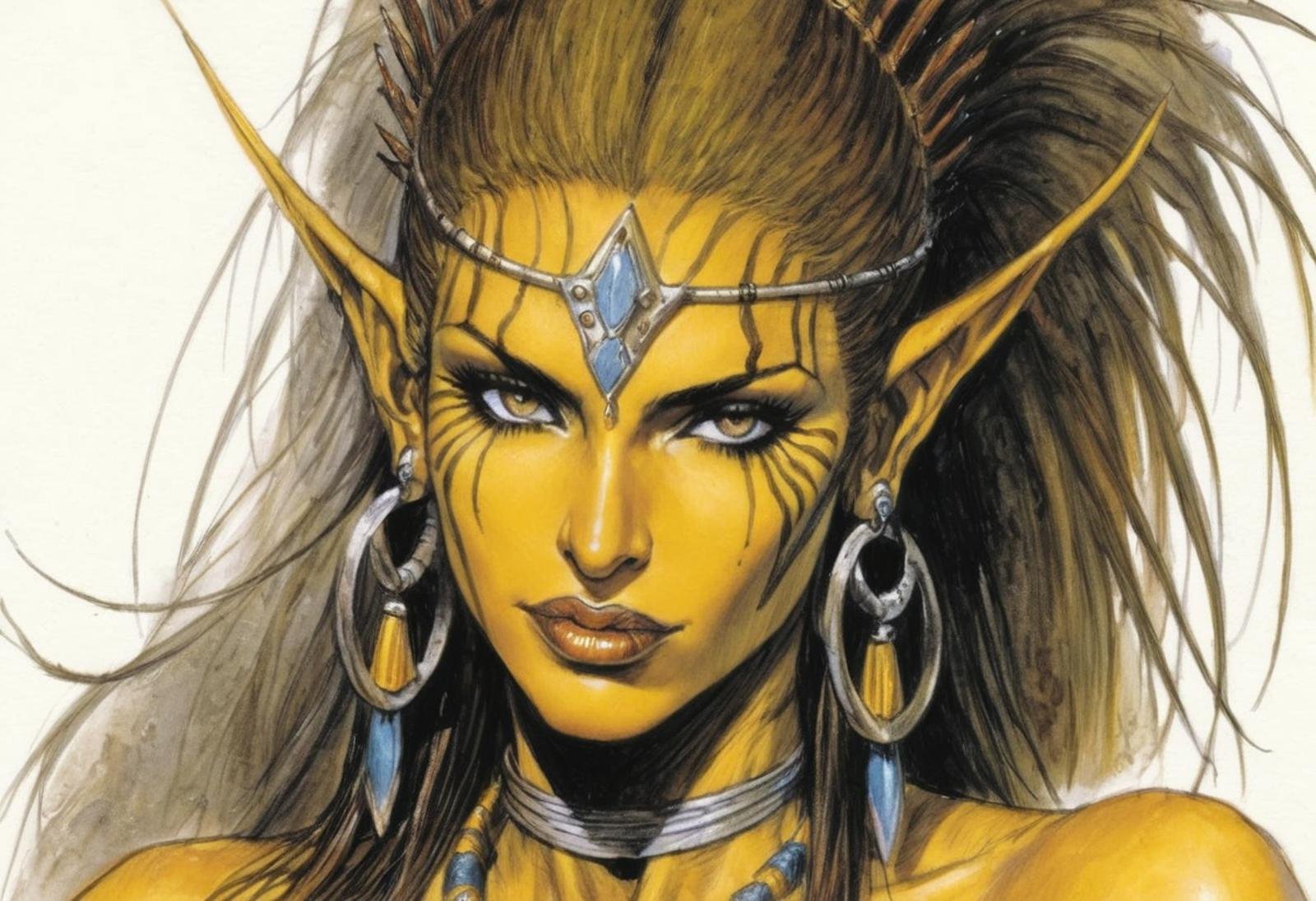 Githyanki woman, dungeons & dragons, yellow skin, detailed face, portrait, by Luis Royo