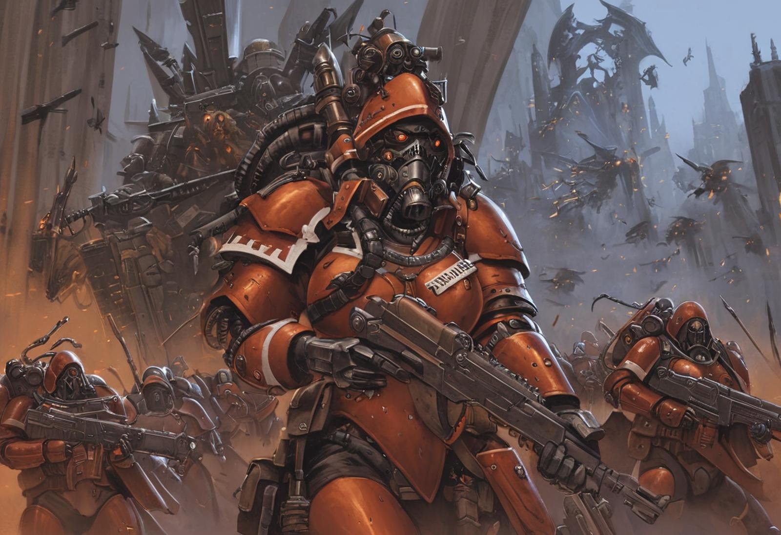 BAStyle, Female Skitarii Ranger, plasma rifle, red armor, solo, armor, helmet, dynamic composition, extremely detailed, marching into battle,  grimdark hive city, gothic buildings, portrait, detailed facial features, adeptus mechanicus,by Antonio J. Manzanedo, <lora:tech_priest:1>