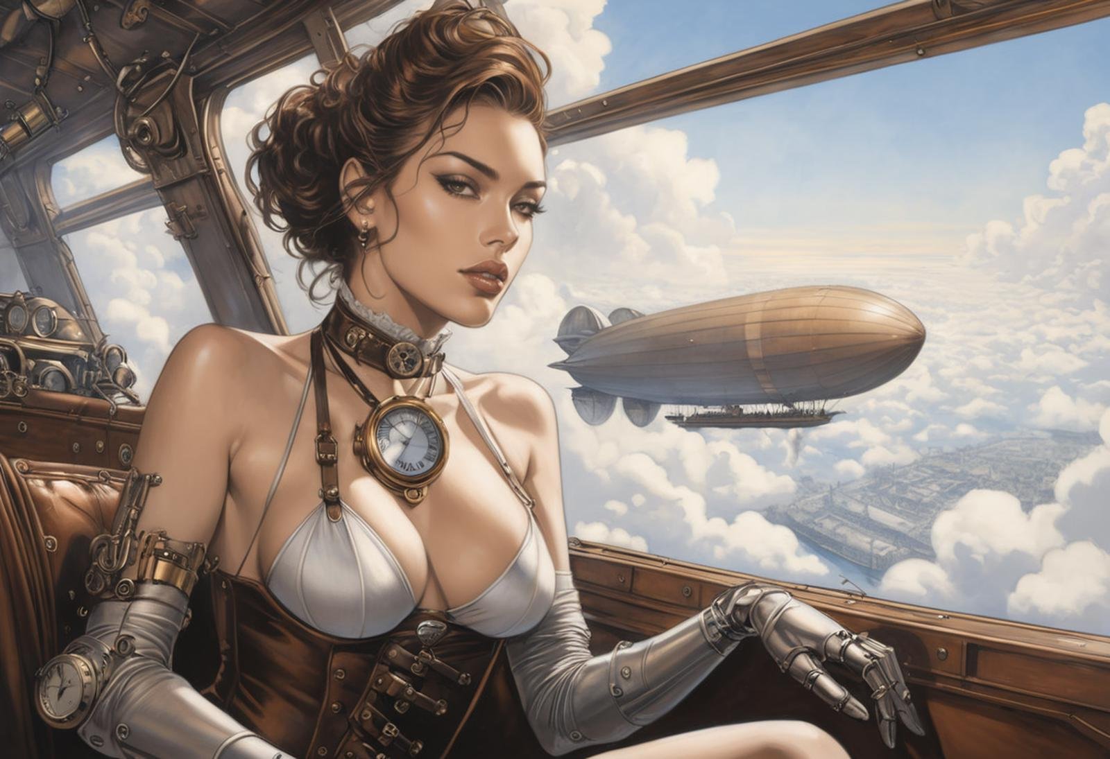 inside Airship, Zeppelin, steampunk, Victorian woman, skimpy, mechanical arm, gears, [steam], detailed facial features, French, aesthetic, clouds visible through window, in flight, portrait, by Hajime Sorayama