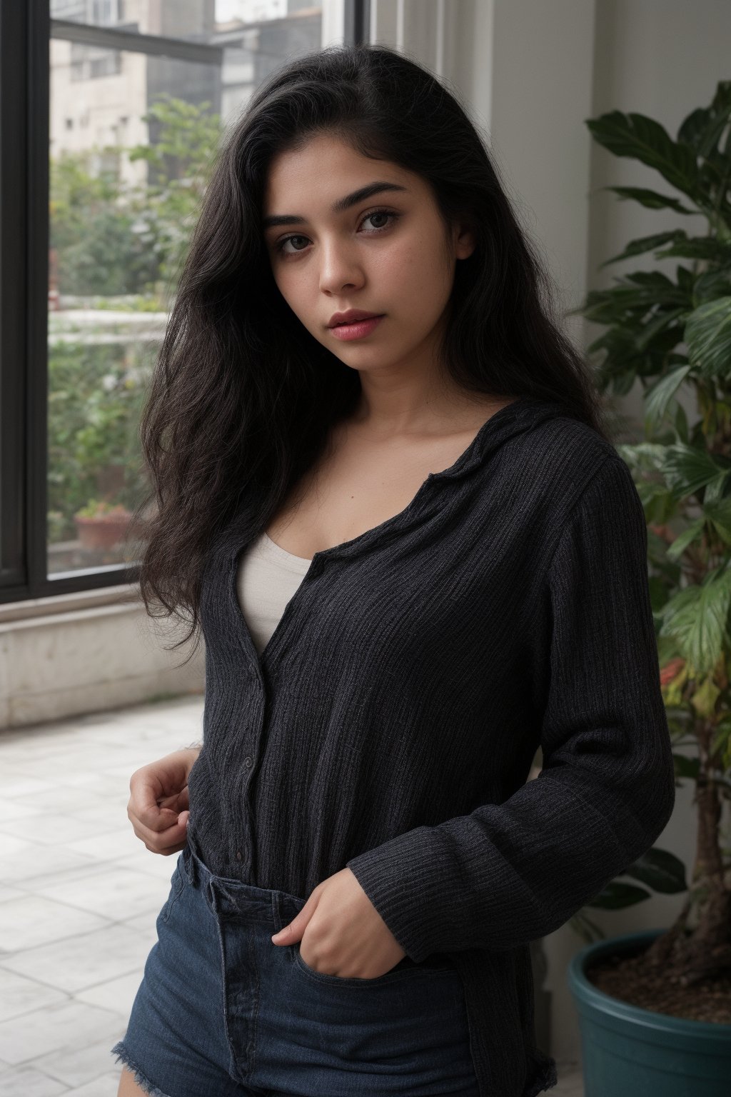 1girl, solo, long hair, looking at viewer, brown hair, shirt, black hair, long sleeves, white shirt, upper body, indoors, lips, head tilt, black shirt, plant, curly hair