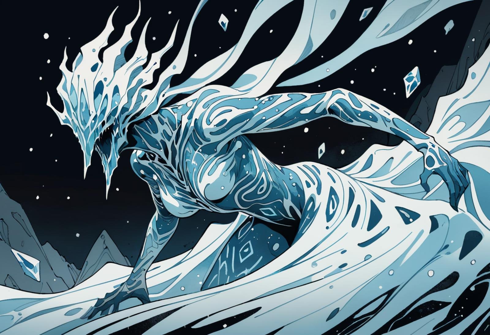 illustration, dark fantasy \(setting\), non-corporeal entity, snow, (ice wraith), runic symbols on body, floating, blended, cold colors, bold outlines, extremely detailed, otherworldly, limited color palette, line art, expressive, complex, female, comic book \(style\), [[splash page]], creative