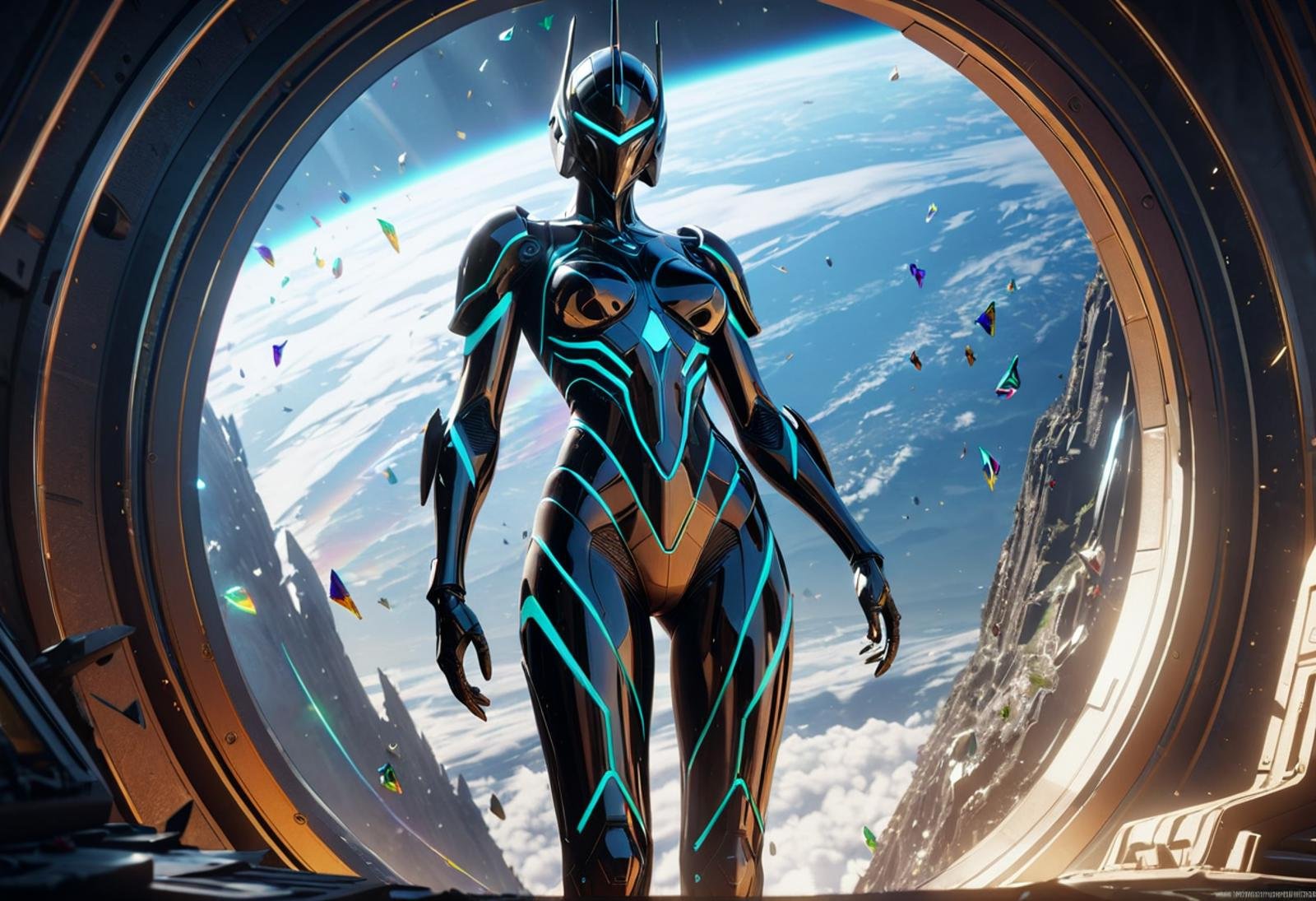 a photo of 8k ultra realistic corrupted rainbow transparent glass humanoid queen standing next to a spaceship window overlooking earth, swarm of transparent glass shards, cinematic lighting, trending on artstation, 4k, hyperrealistic, focused, extreme details, unreal engine 5, cinematic, masterpiece