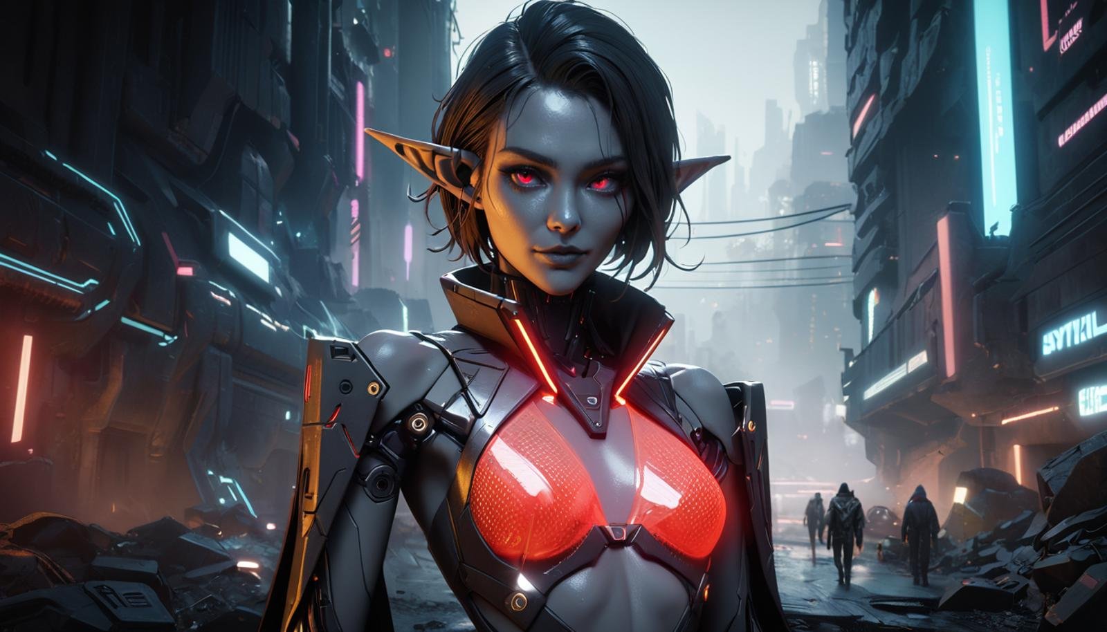 Unreal Engine 5 render, cinematic, Elfpunk \(style\), [cyborg|woman] Elf mage, mature female, grey skin, short military cut hair, mechanical arm, cybernetics, glowing red eyes, series expression, looking at viewer, futuristic mage robes, see through, flat chest, neuromancer, akira film still, ambient light, brutalism, cyberpunk cityscape background, cool color temperature, extremely detailed, dystopian, vignette, [soft focus], raytracing, detailed skin, by mamoru oshii, upper body