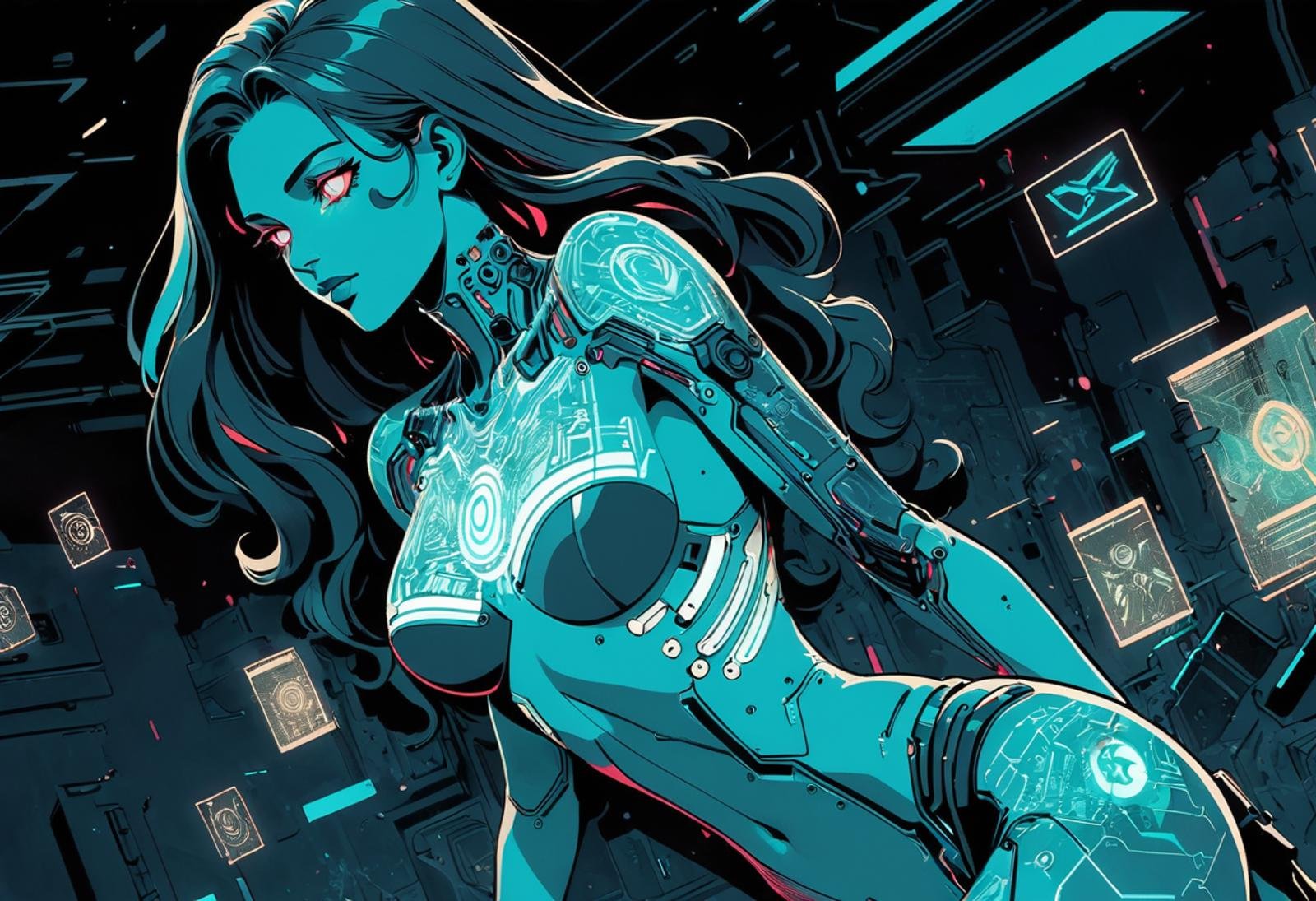 Illustration, cyberpunk \(setting\), non-corporeal entity, transparent, artificial intelligence, hologram, projection, scrolling runes, ancient symbols, glowing eyes, dispersion, blended, bold outlines, extremely detailed, otherworldly, limited color palette, [cyan|black], female, \(body\), comic book \(style\), unique artstyle, complex