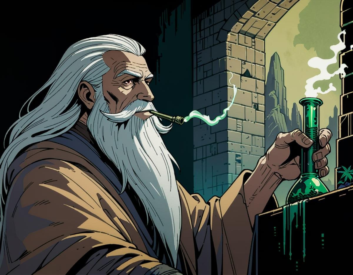 illustration, high fantasy \(setting\), old man, wizard, robes, long beard, (using bong), marijuana, inhale, bloodshot_eyes, dungeon background, 90s RPG \(style\), muted colors, concept art, upper body, bold outlines, highly detailed