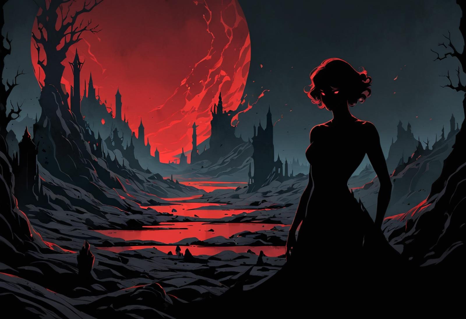 illustration, fantasy \(setting\), shadowy figure, silhouette, red eyes, non-corporeal entity, desolate background, dark colors, bold outlines, extremely detailed, otherworldly, limited color palette, [red|black], female, comic book \(style\), unique artstyle