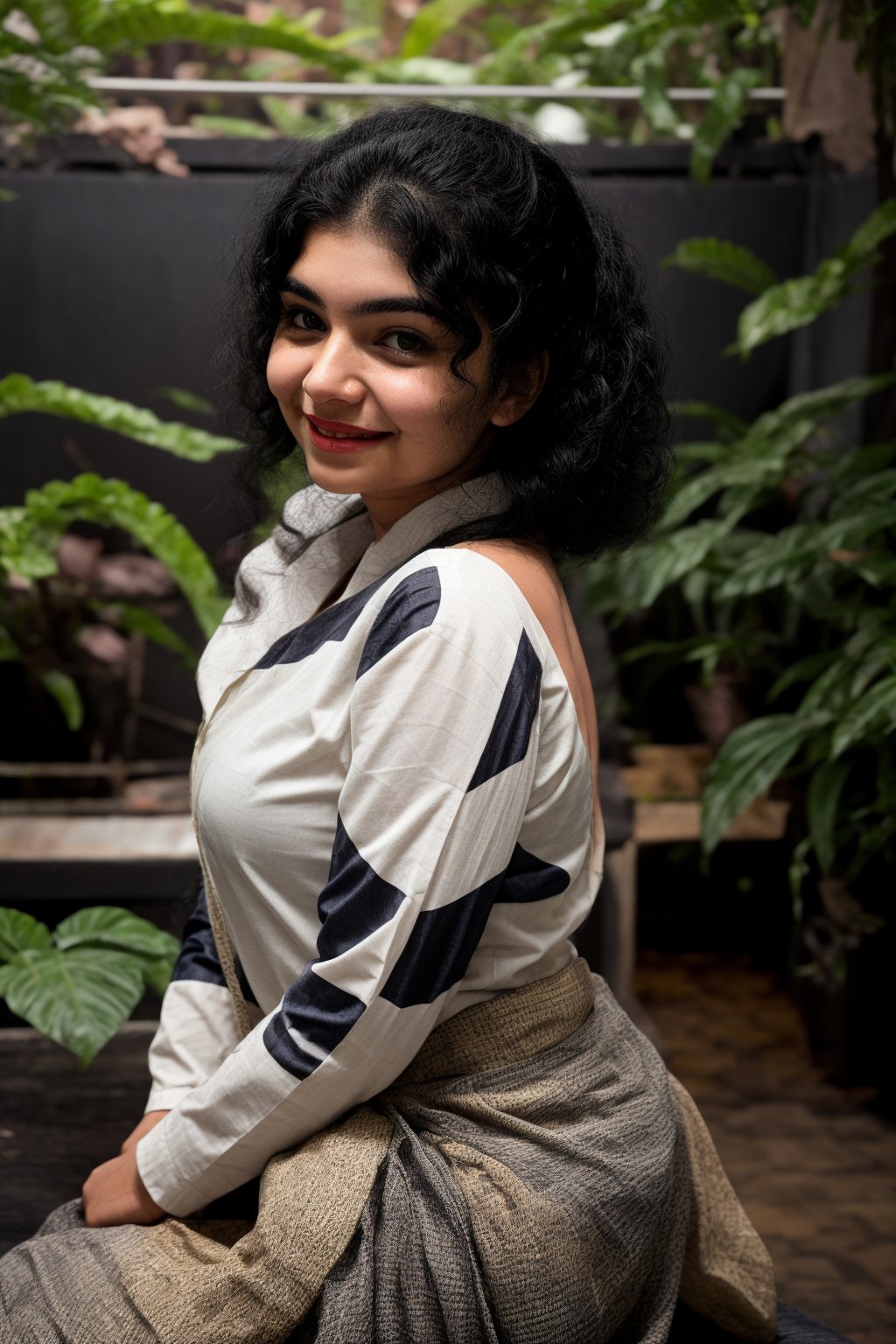 A young woman with luscious brown locks cascading down her back, donning a crisp white shirt with long sleeves and a black skirt, sits confidently in front of a lush green plant. Her dark curls frame her face as she gazes directly at the viewer, her full lips subtly curved into a gentle smile. The soft indoor lighting accentuates the warm tones of her skin and hair, creating an intimate atmosphere.,Curly girl 